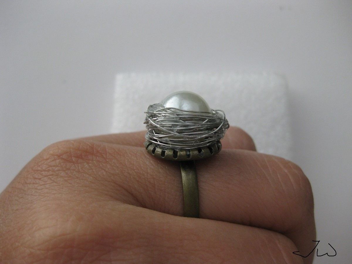 Handmade White Pearl silver wire bronze ring Size ONE SIZE - 3 Thumbnail