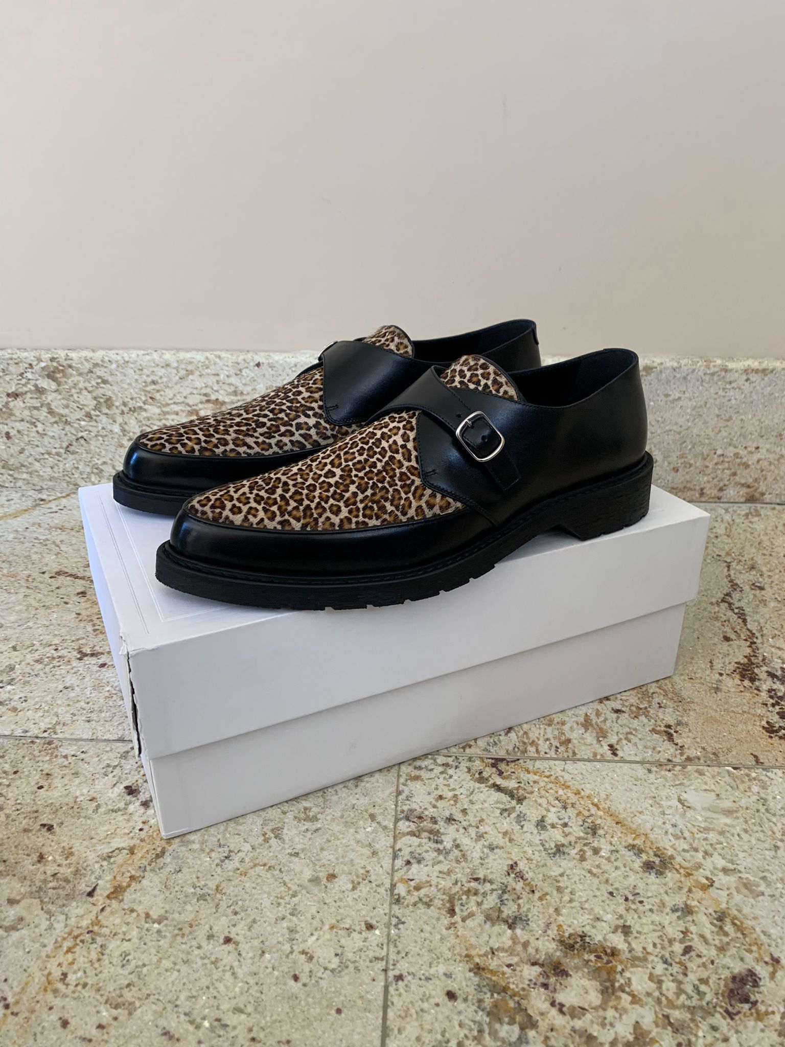 Pre-owned Celine Buckle Creeper Boots With Leopard Pony Hair In