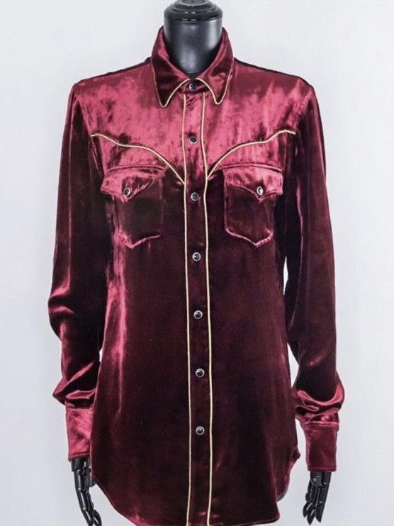 image of Saint Laurent Paris Flannel Velvet Shirt in Burgundy, Men's (Size Small)