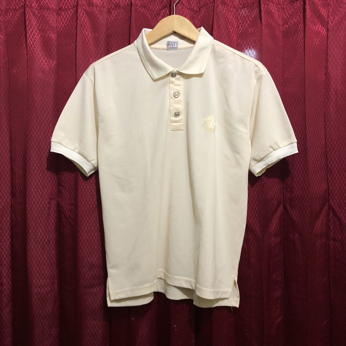 image of Vintage 90's Versace Sport Polo Shirt Big Logo in Broken Whit, Men's (Size Small)