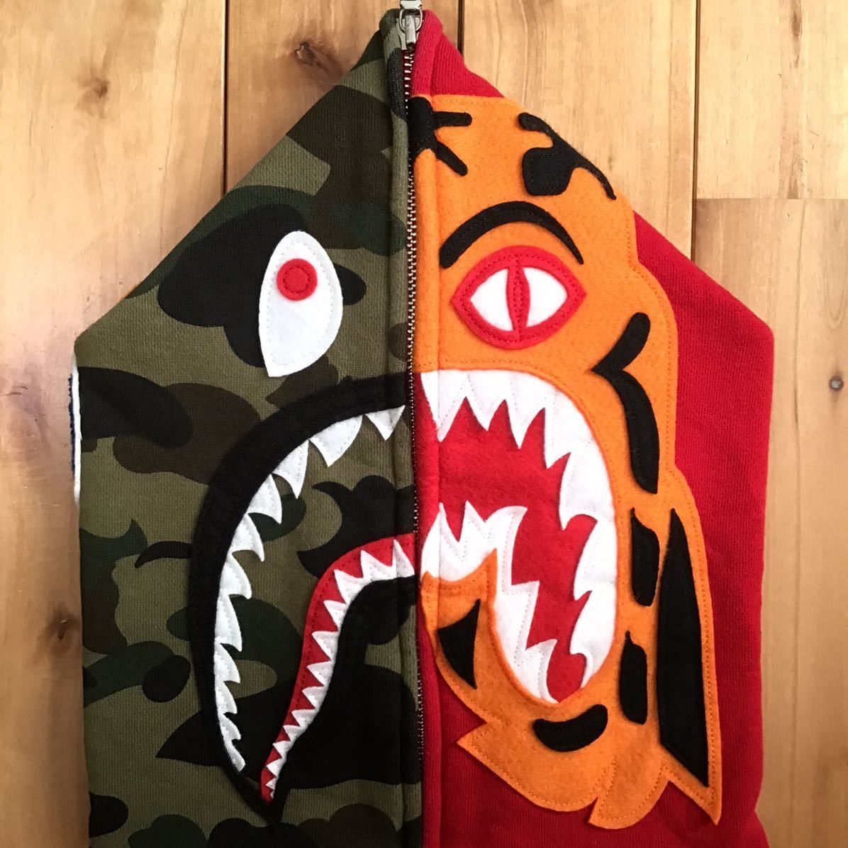 BAPE Crazy face tiger shark full zip hoodie red × 1st camo