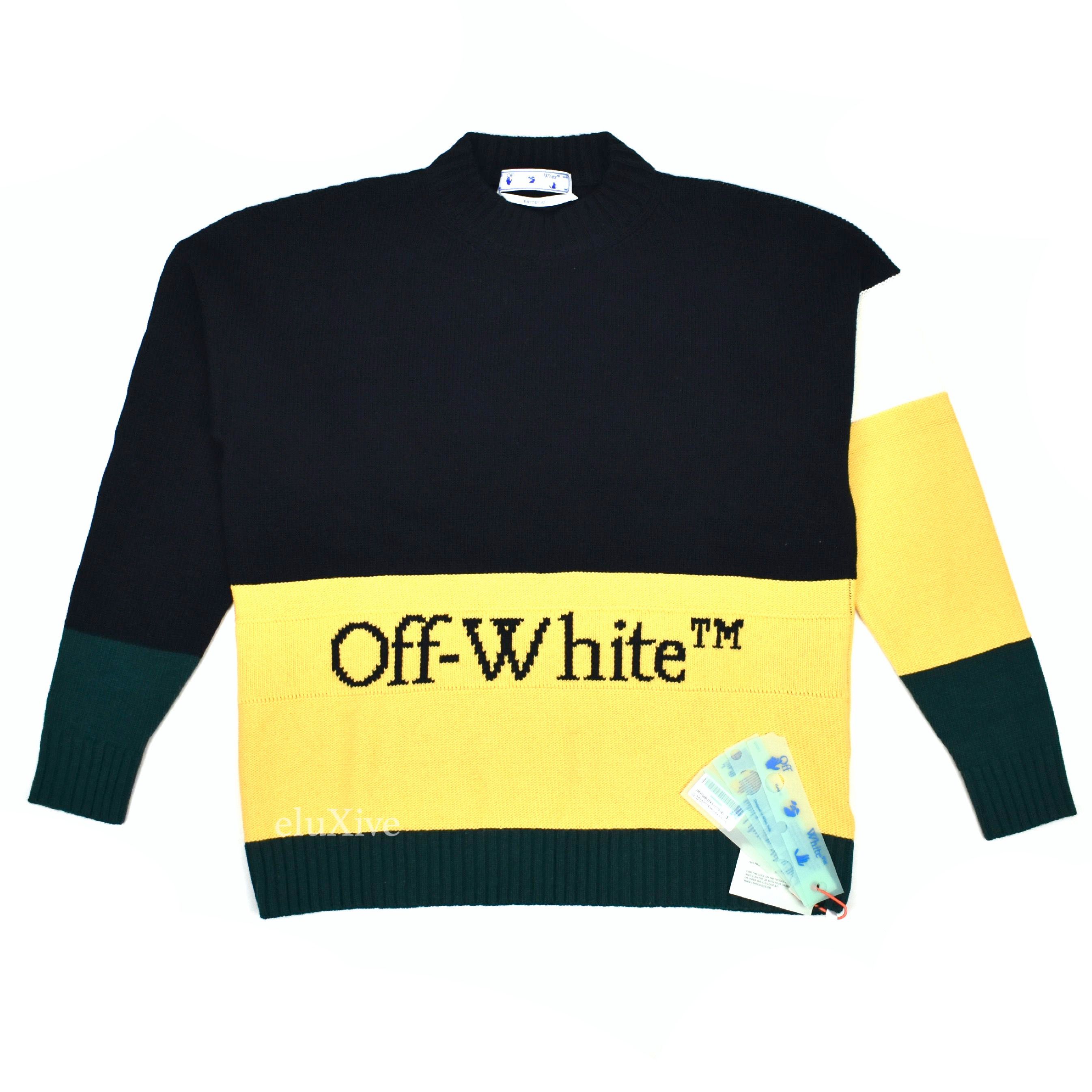 Pre-owned Off-white Color Block Logo Knit Sweater Black Yellow Nwt