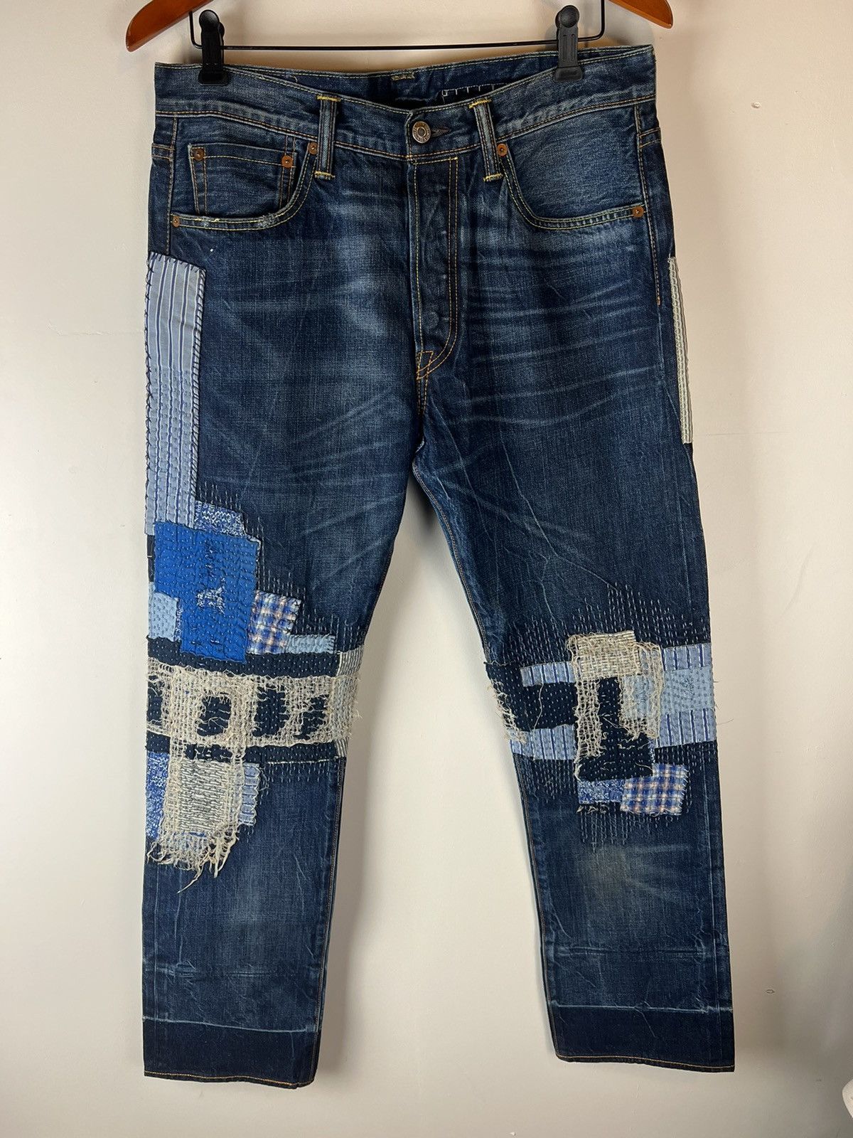 image of Levis 501 Sashiko Repaired Patchwork Selvedge Jeans in Blue, Men's (Size 32)
