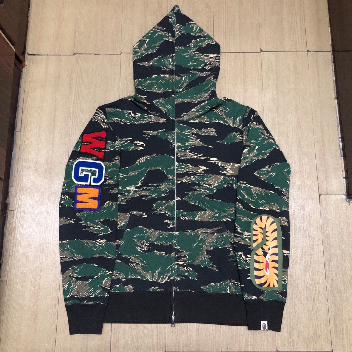 image of Bape Tiger Camo Embroidery Shark Full Zip Hoodie, Men's (Size Large)