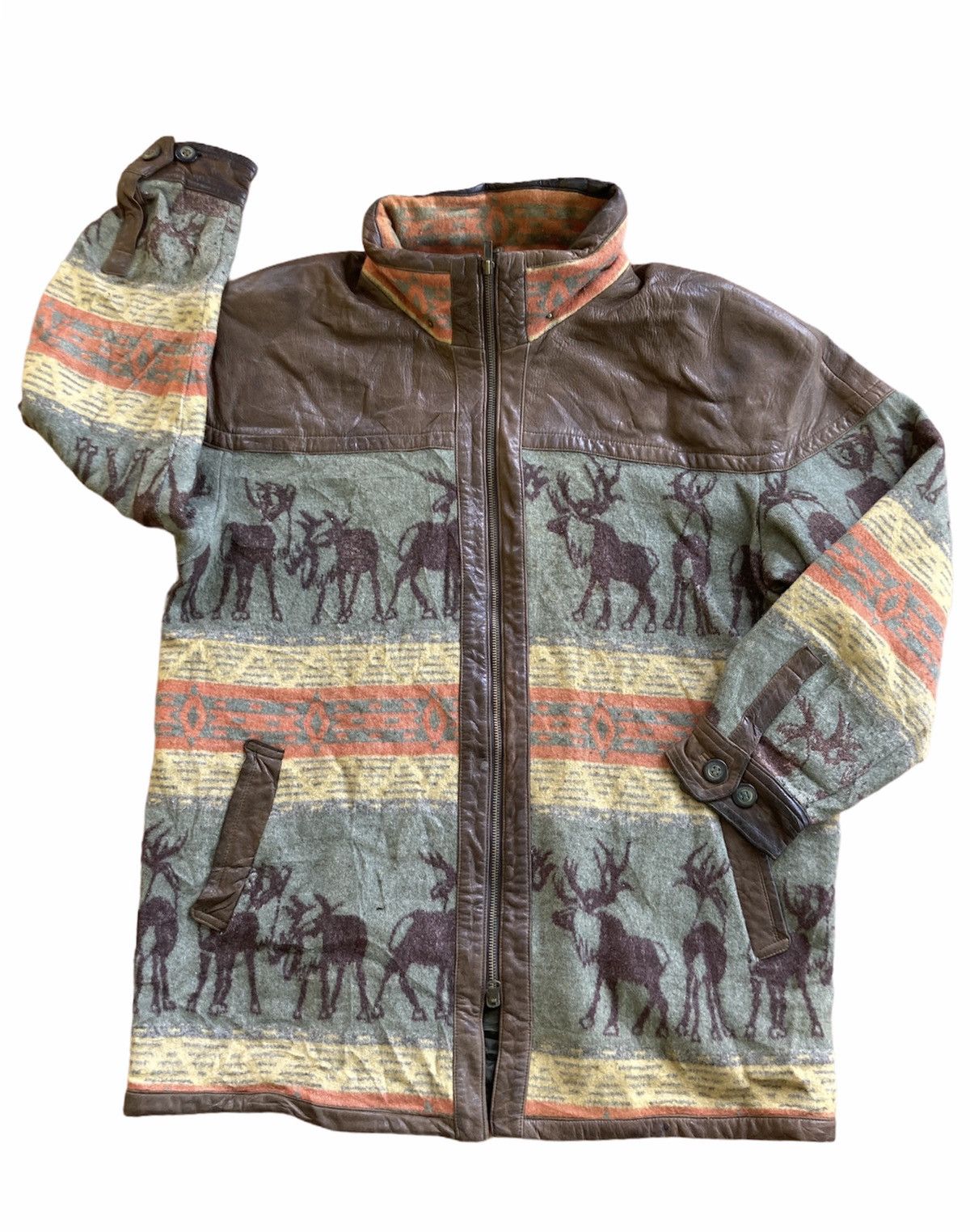 Japanese Brand DEER PRINTED ZIP UPS LEATHER TRIMMED JACKET Size US L / EU 52-54 / 3 - 1 Thumbnail