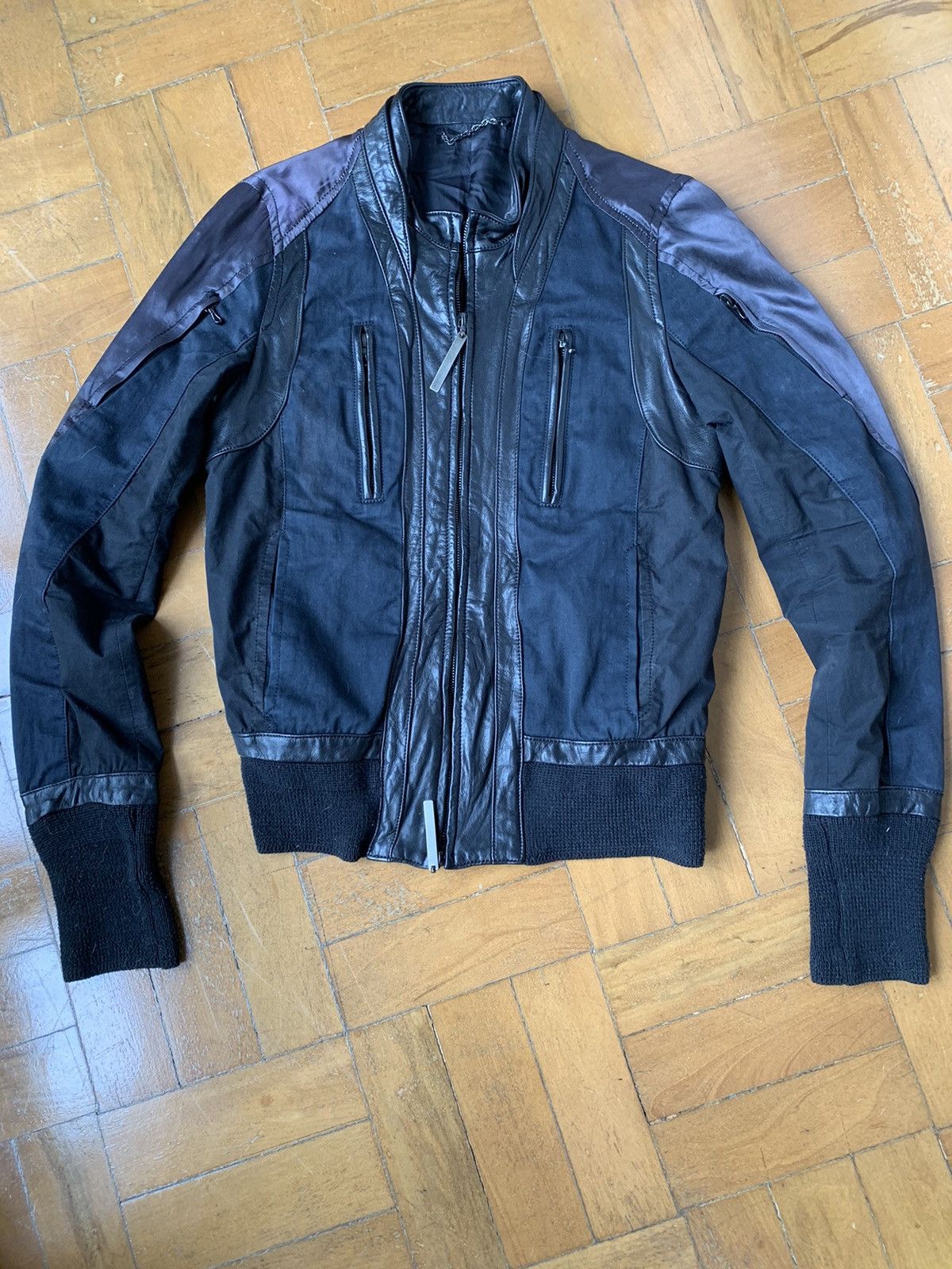 The Viridi-anne Japan made black leather silk cotton panel bomber jacket Size US M / EU 48-50 / 2 - 1 Thumbnail