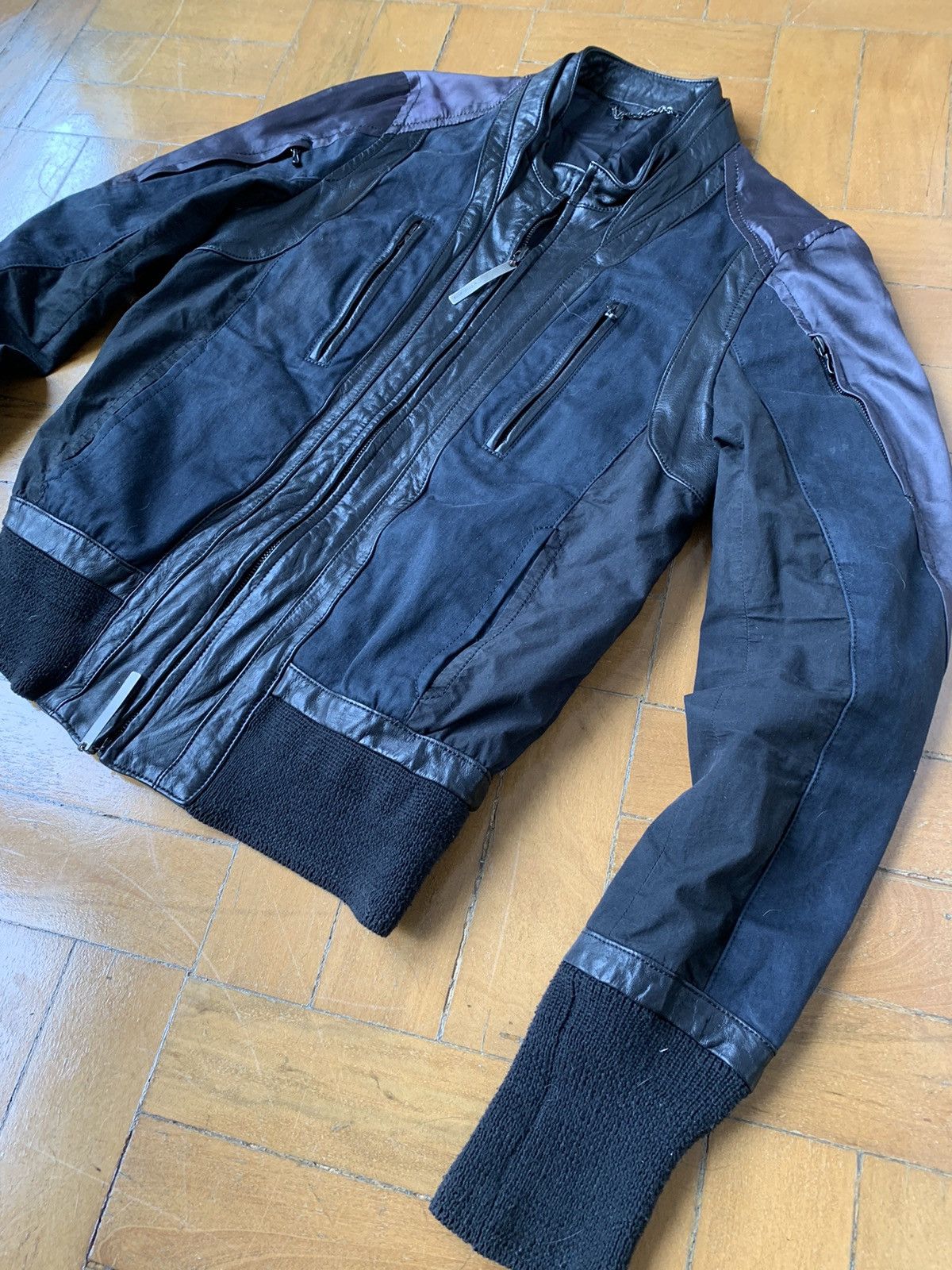The Viridi-anne Japan made black leather silk cotton panel bomber jacket Size US M / EU 48-50 / 2 - 2 Thumbnail