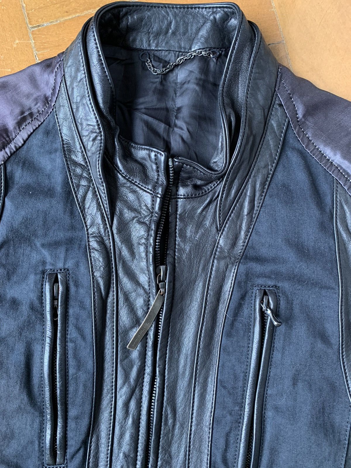 The Viridi-anne Japan made black leather silk cotton panel bomber jacket Size US M / EU 48-50 / 2 - 3 Thumbnail