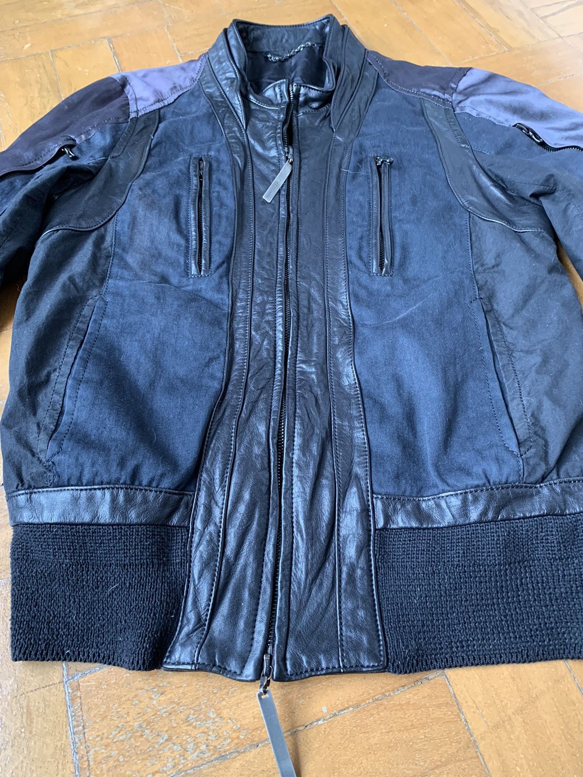 The Viridi-anne Japan made black leather silk cotton panel bomber jacket Size US M / EU 48-50 / 2 - 6 Thumbnail