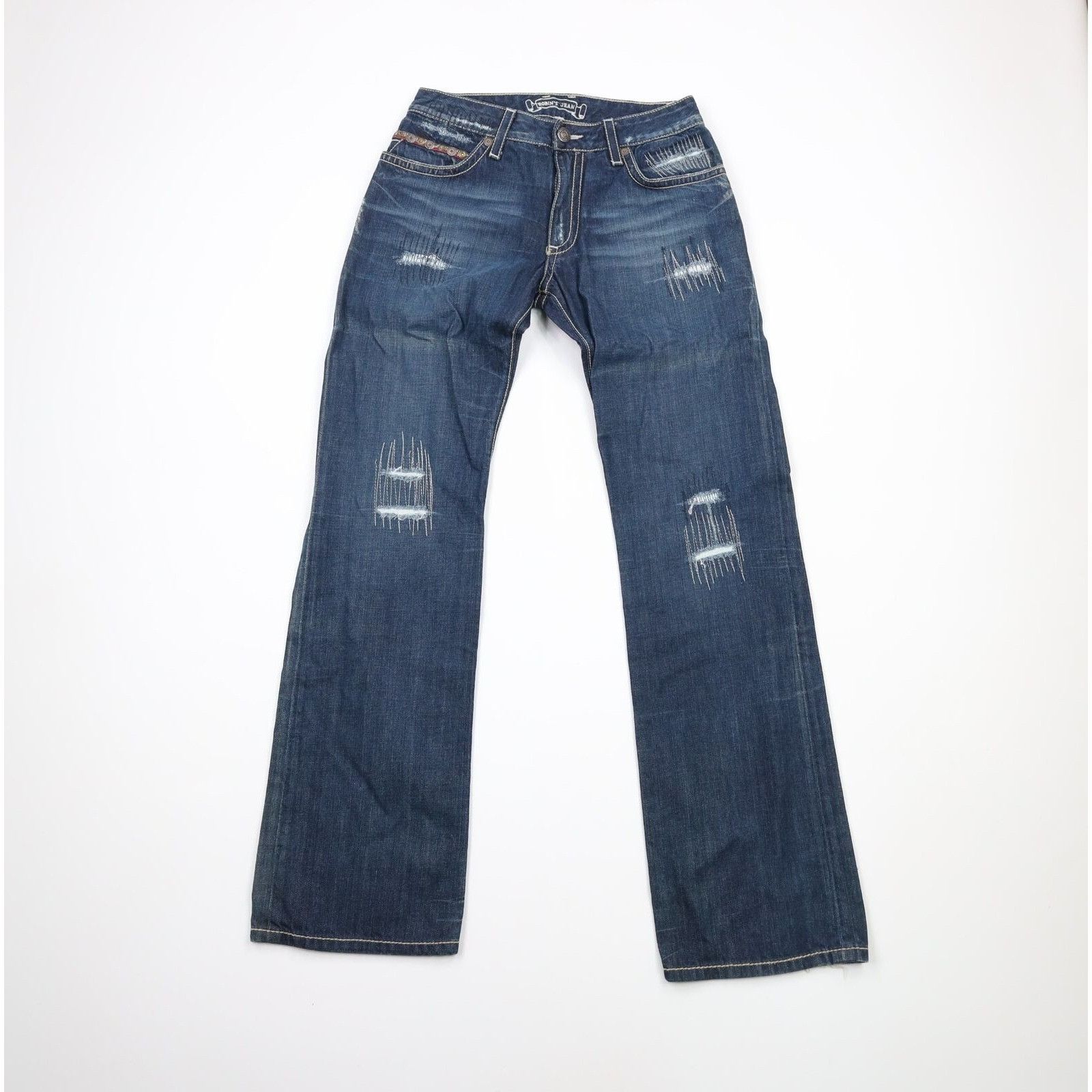 Robins Jeans Robins Jeans Distressed Riveted Thick Stitch Flared Jeans ...