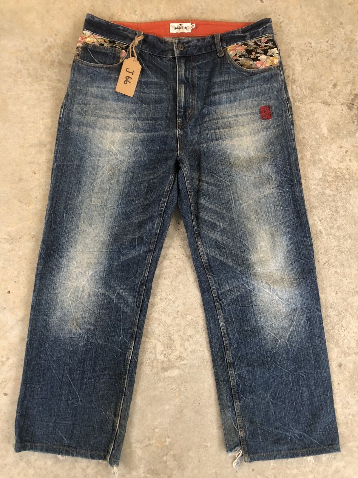 image of Distressed Denim Japanese Karakuri Tamashi Embroidered Jeans in Blue, Men's (Size 37)