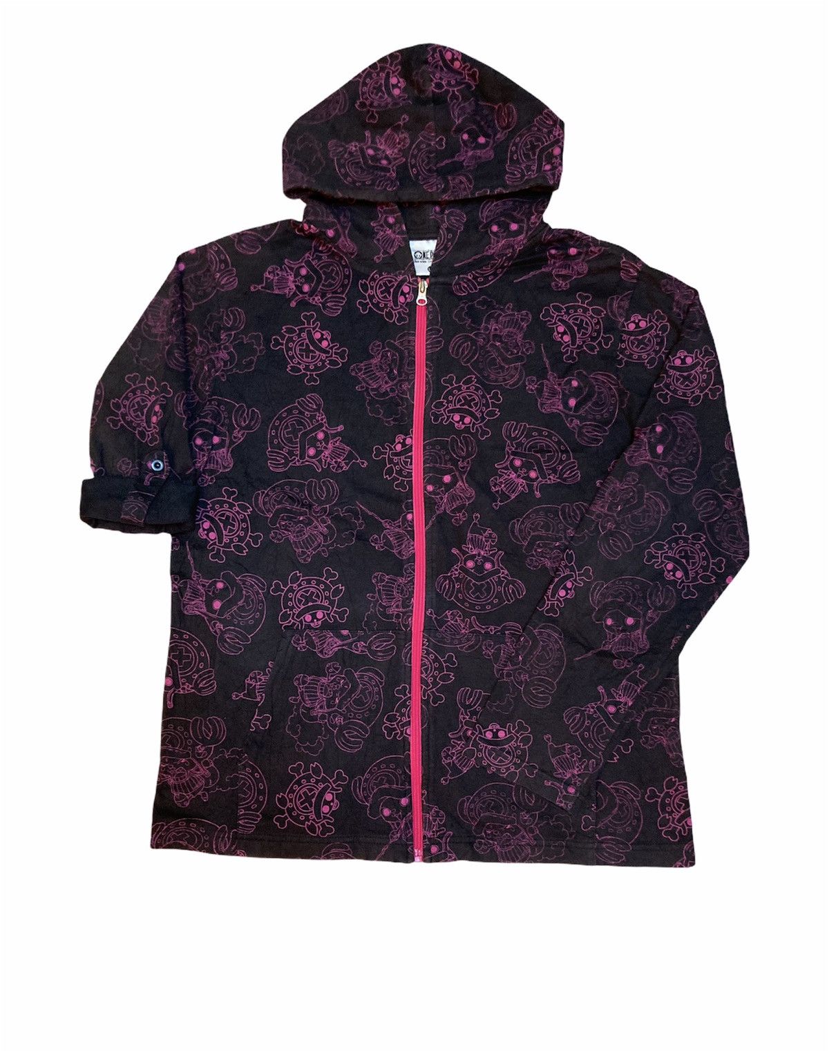 Image of One Piece Tony Chopper Fullprint Zipper Hoodie in Black/Pink, Men's (Size XL)