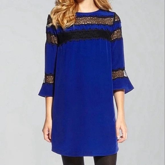 image of Rebecca Taylor Blue Silk Black Lace Trim 3/4 Sleeve Relaxed Fit Shift Dress in Royal Blue/Black, Wo