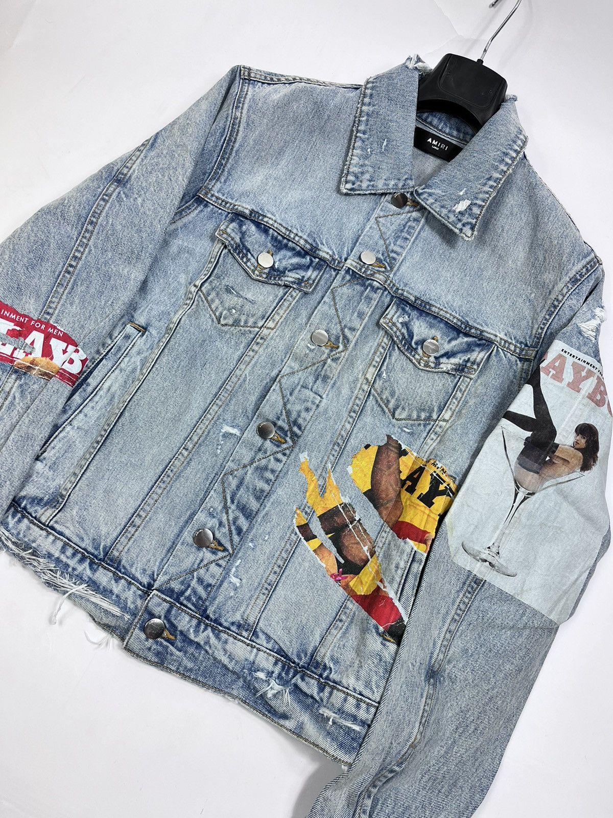 image of Amiri Play Boy Distressed Denim Jacket in Blue, Men's (Size Large)