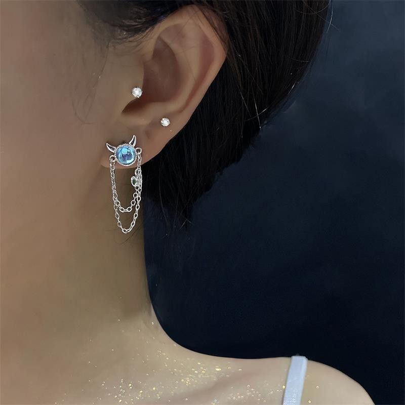Jewelry Sweet Moonstone Double Chain Tassel Dangle Earrings in Silver, Women's