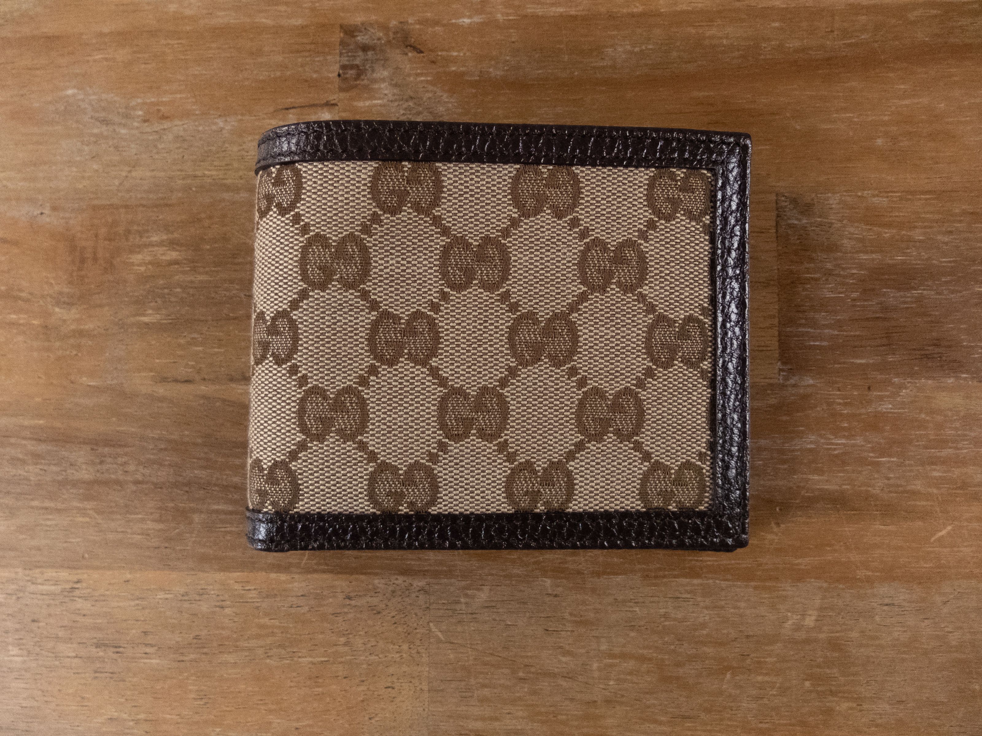image of Gucci Beige Brown GG Supreme Canvas Leather Billfold Wallet, Men's