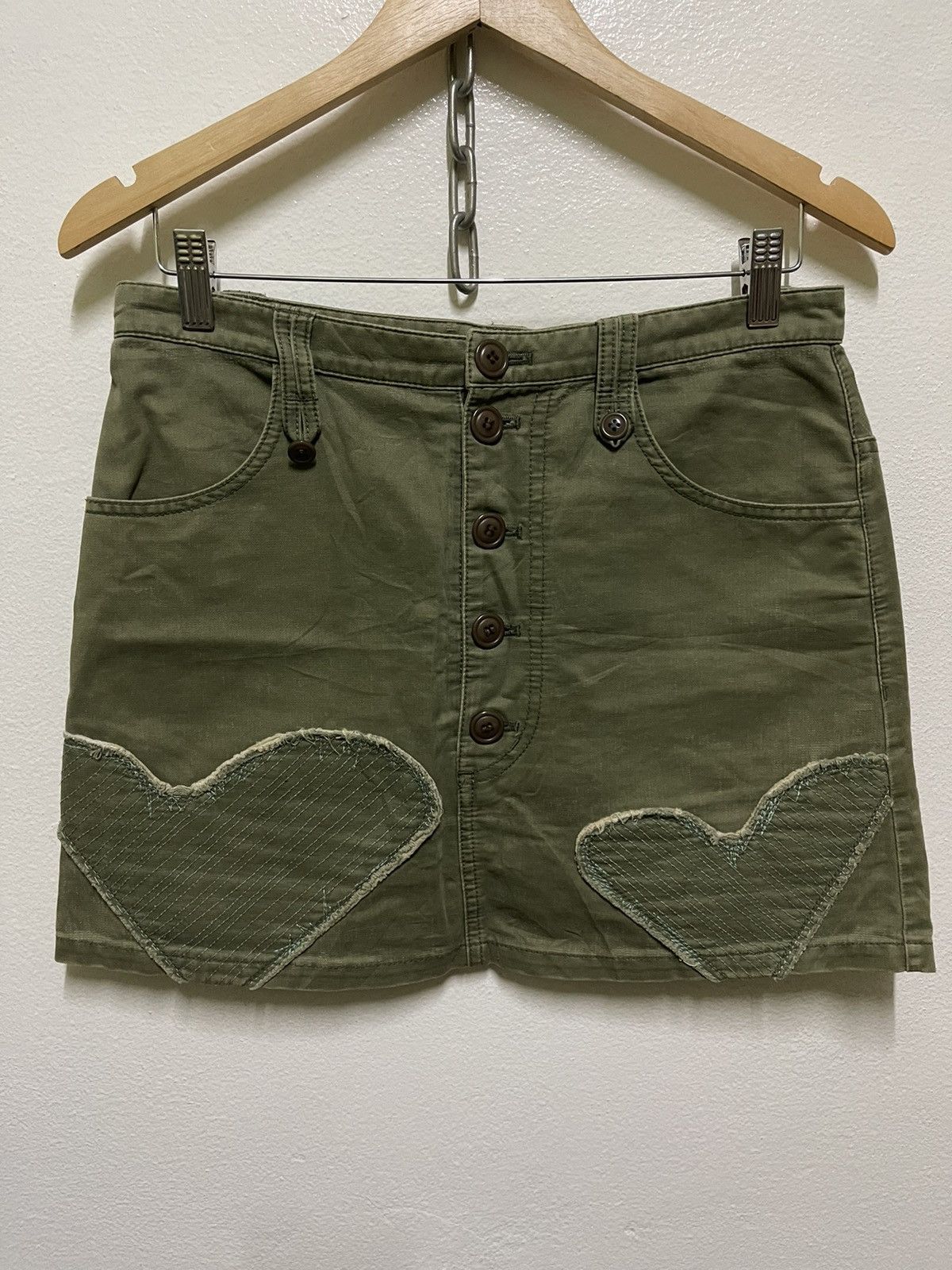 image of Issey Miyake Sunao Kuwahara Mini Skirt Green Army Distressed, Women's (Size 30)