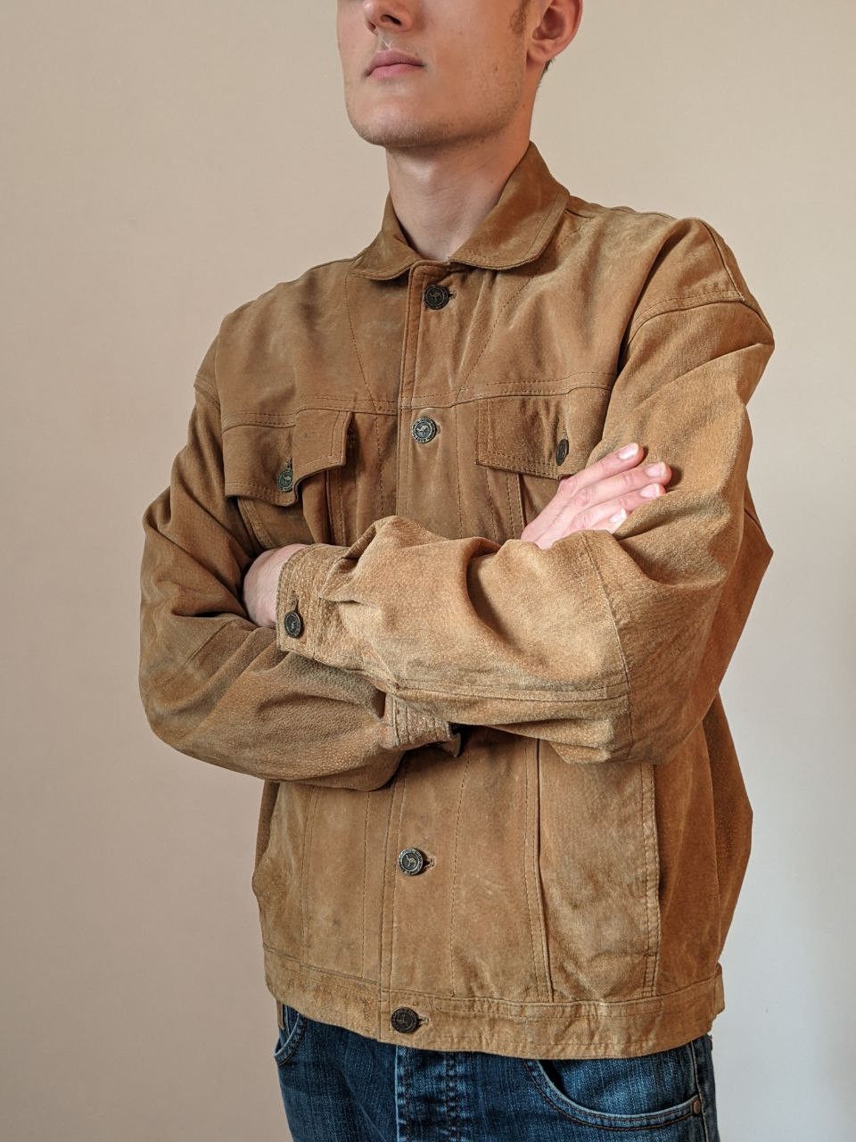 Camel × Vintage VTG Camel leather Jacket Suede trucker Size US S / EU 44-46 / 1 - 9 Thumbnail