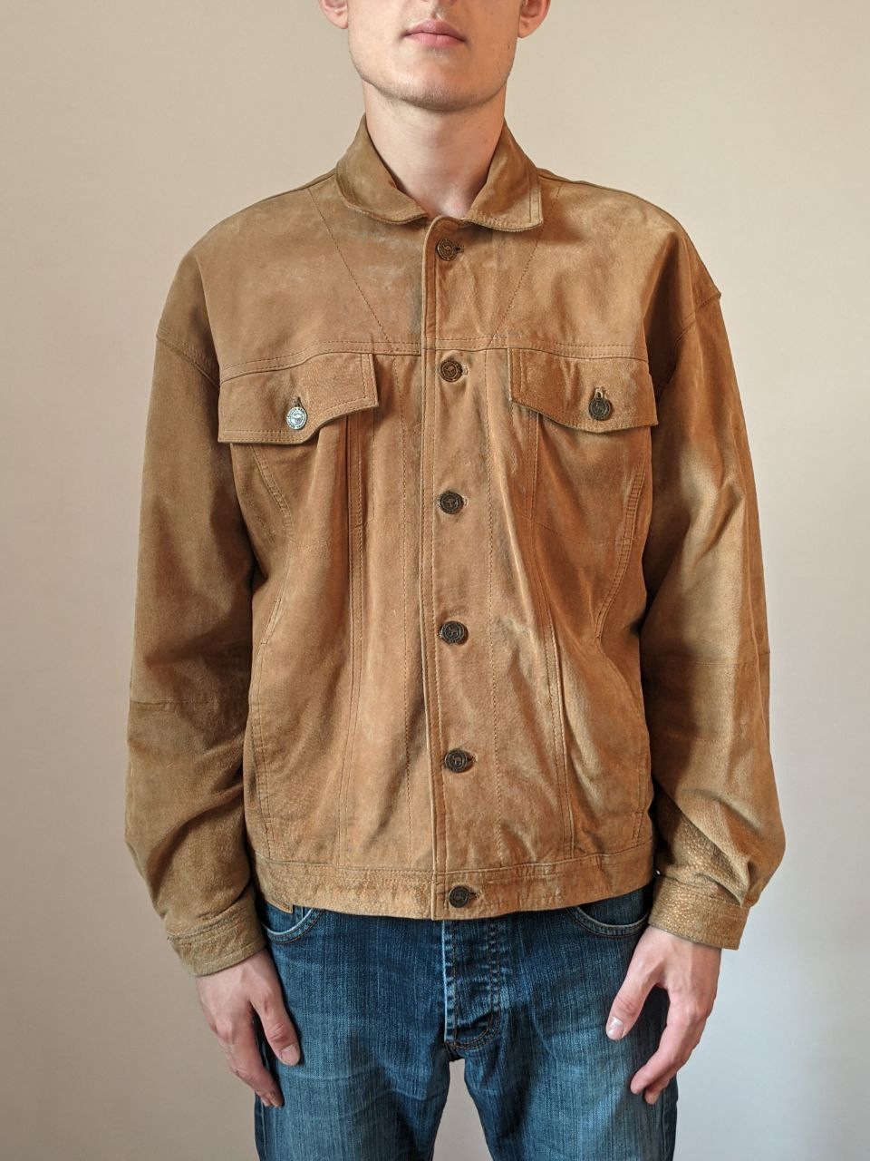 image of VTG Camel Leather Jacket Suede Trucker in Mustard, Men's (Size Small)
