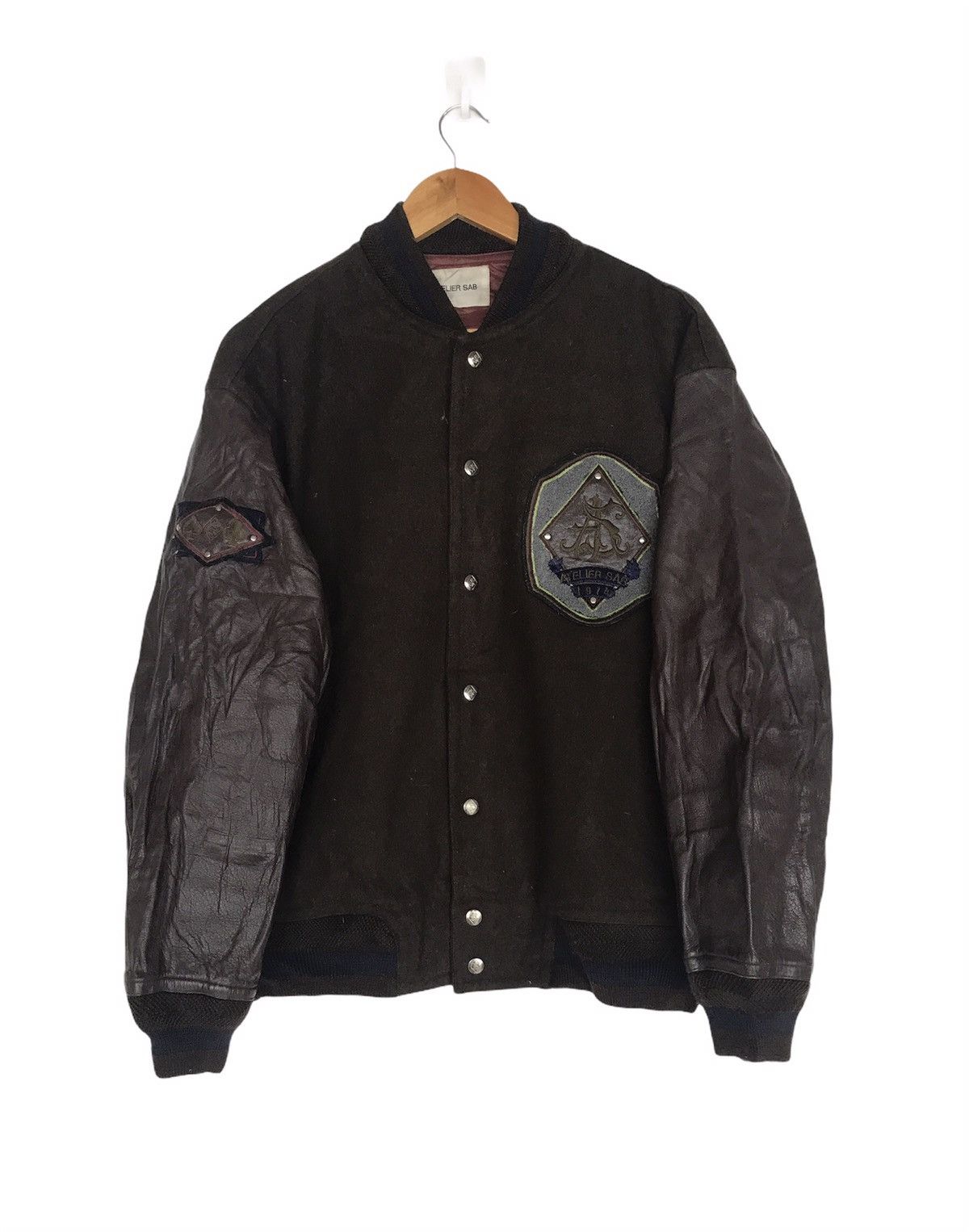 image of Atelier Sab Leather Varsity Jacket in Brown, Men's (Size Large)