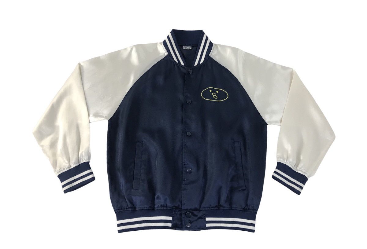 image of Bomber Jacket x Varsity Jacket Vintage Bomber Satin Jacket Snap Button Design in Blue (Size Medium)