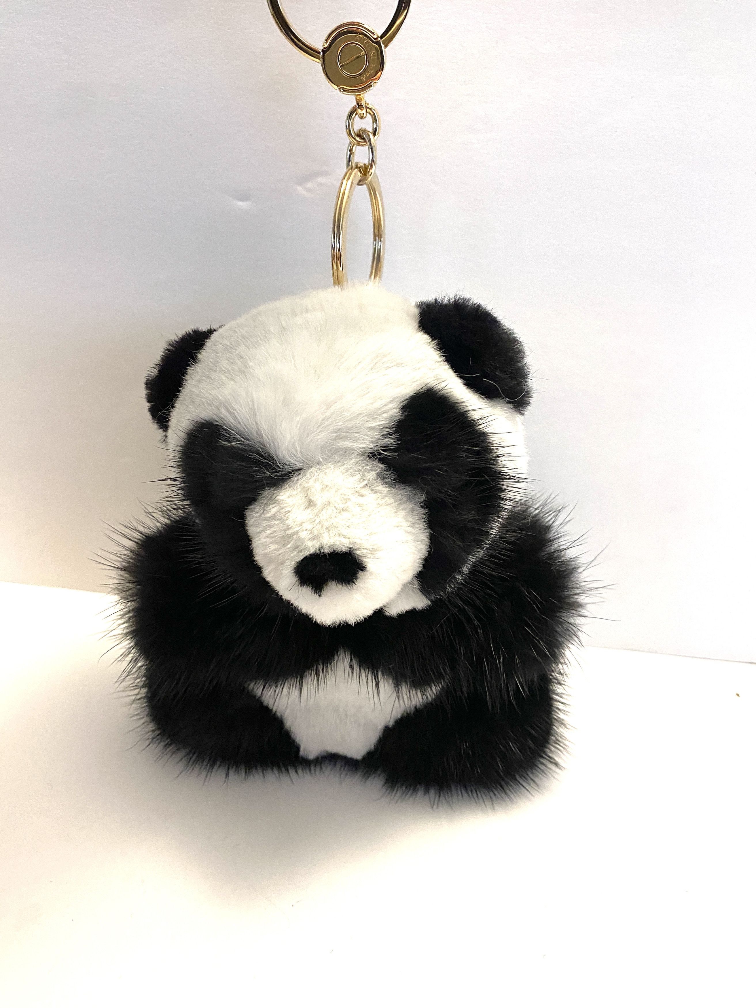 image of Loro Piana Fur Plush Keychain/ Bag Charm Panda in Black/White, Women's