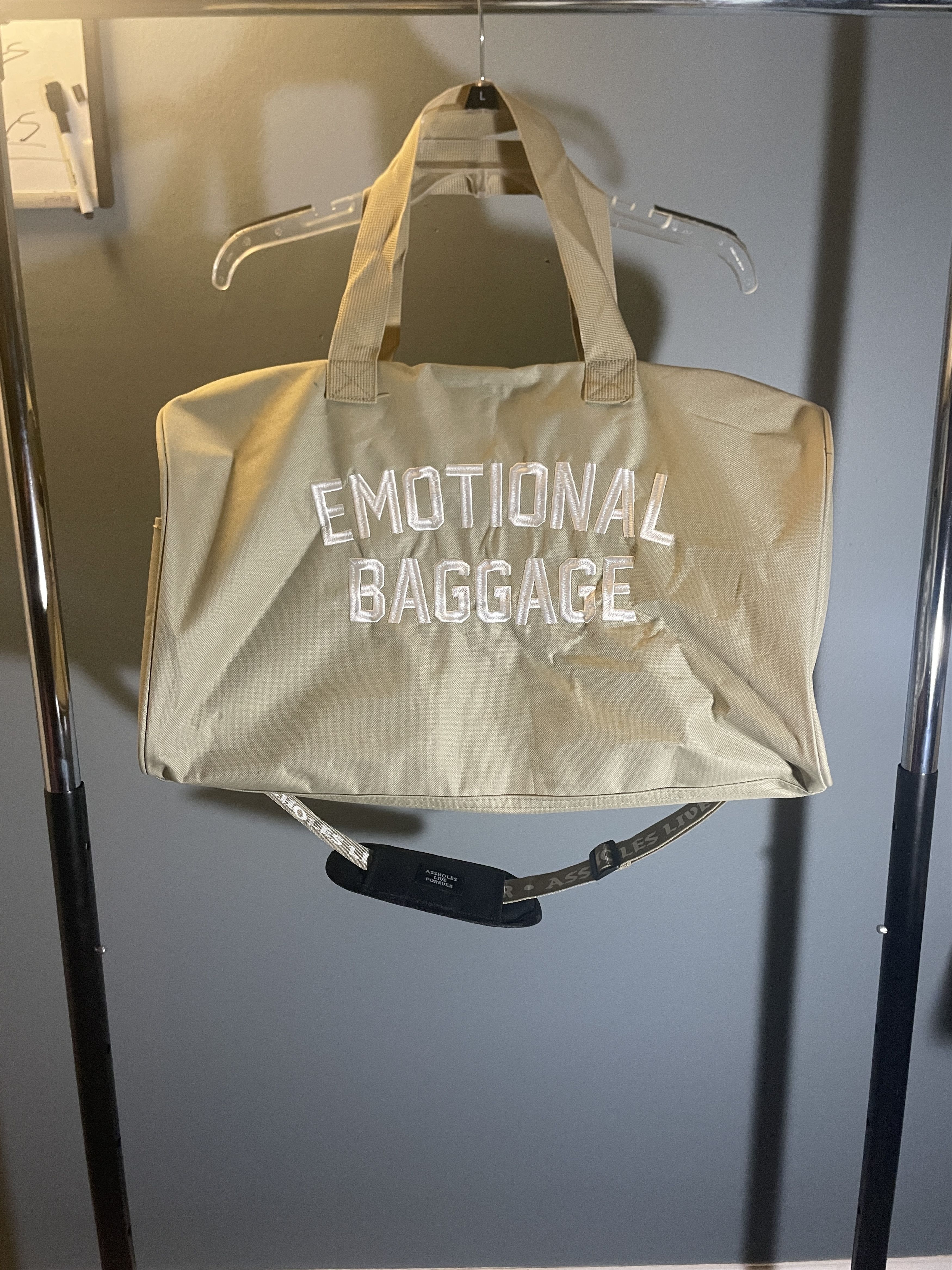 Art 'Assholes Live Forever' emotional baggage Tan Duffle Bag Grailed