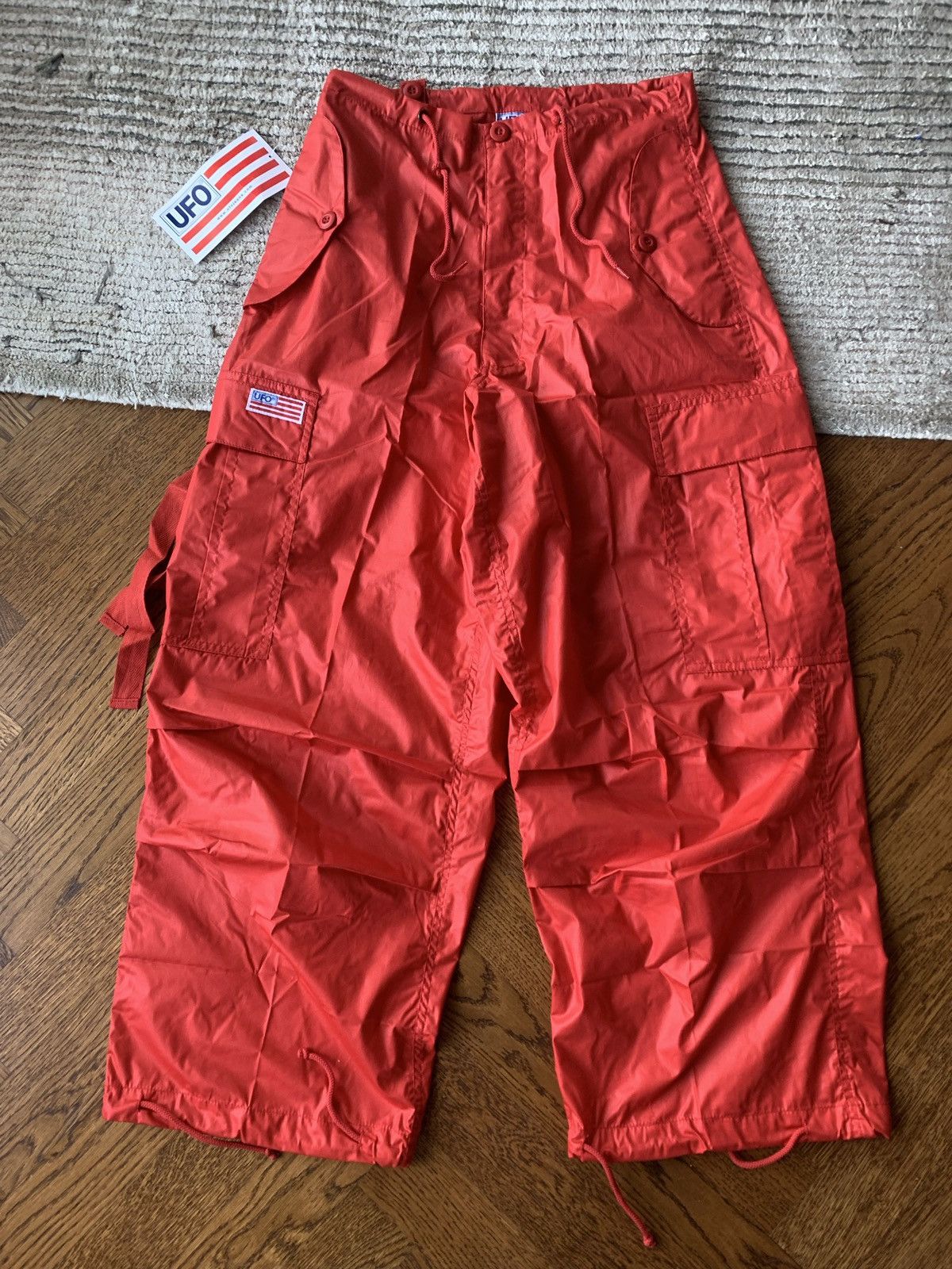 VINTAGE 2000S VINTAGE RED CARGO PANTS Y2K UFO NYLON POLY POCKET 30
