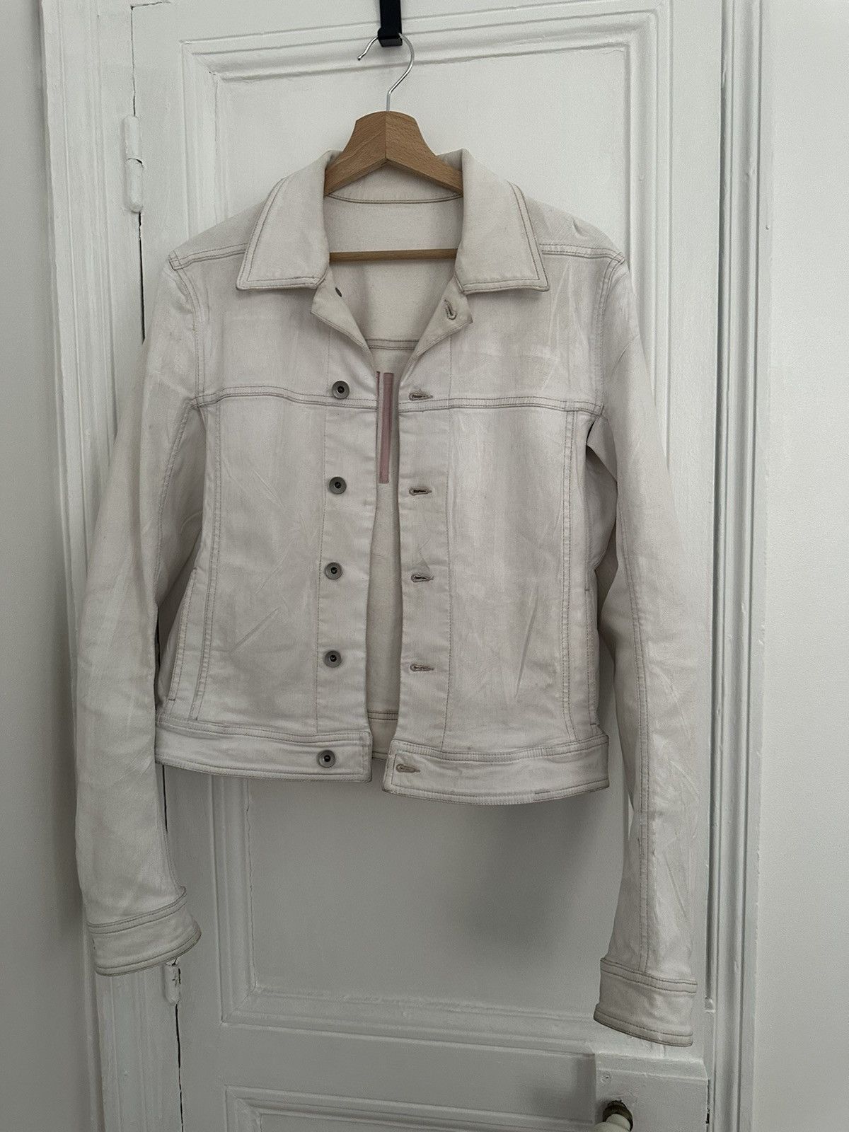 image of Rick Owens Waxed Denim Jacket in White, Men's (Size Small)