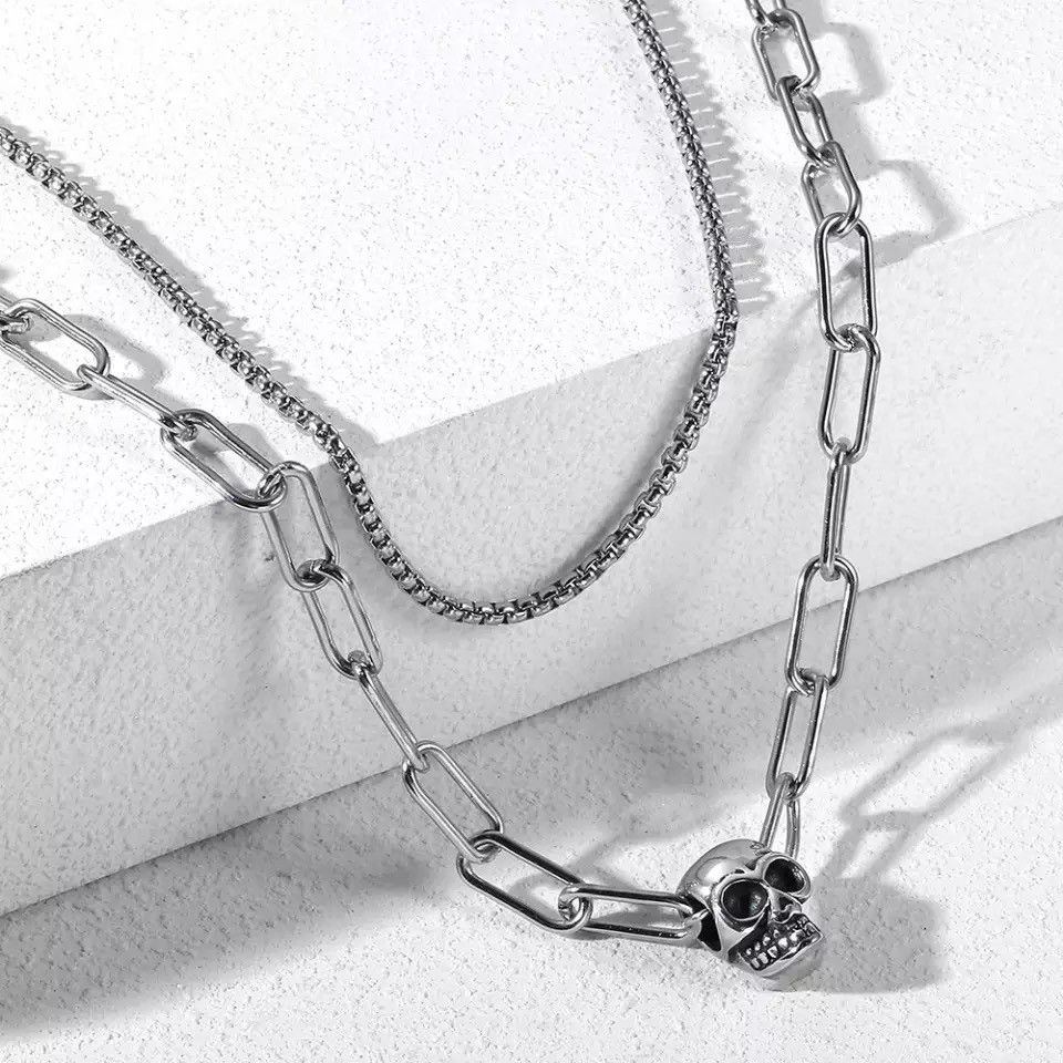 Jewelry Skull Chain Double Layered Stainless Steel Necklace Size ONE SIZE - 1 Thumbnail