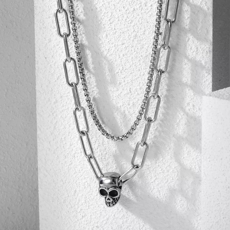 Jewelry Skull Chain Double Layered Stainless Steel Necklace Size ONE SIZE - 2 Thumbnail