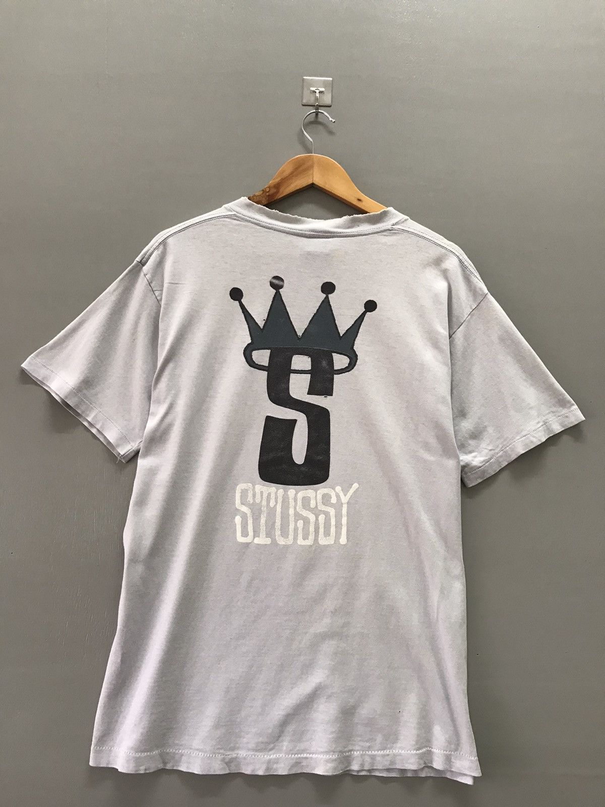 image of 80's Stussy S King Distressed T-Shirts in Baby Blue, Men's (Size Large)