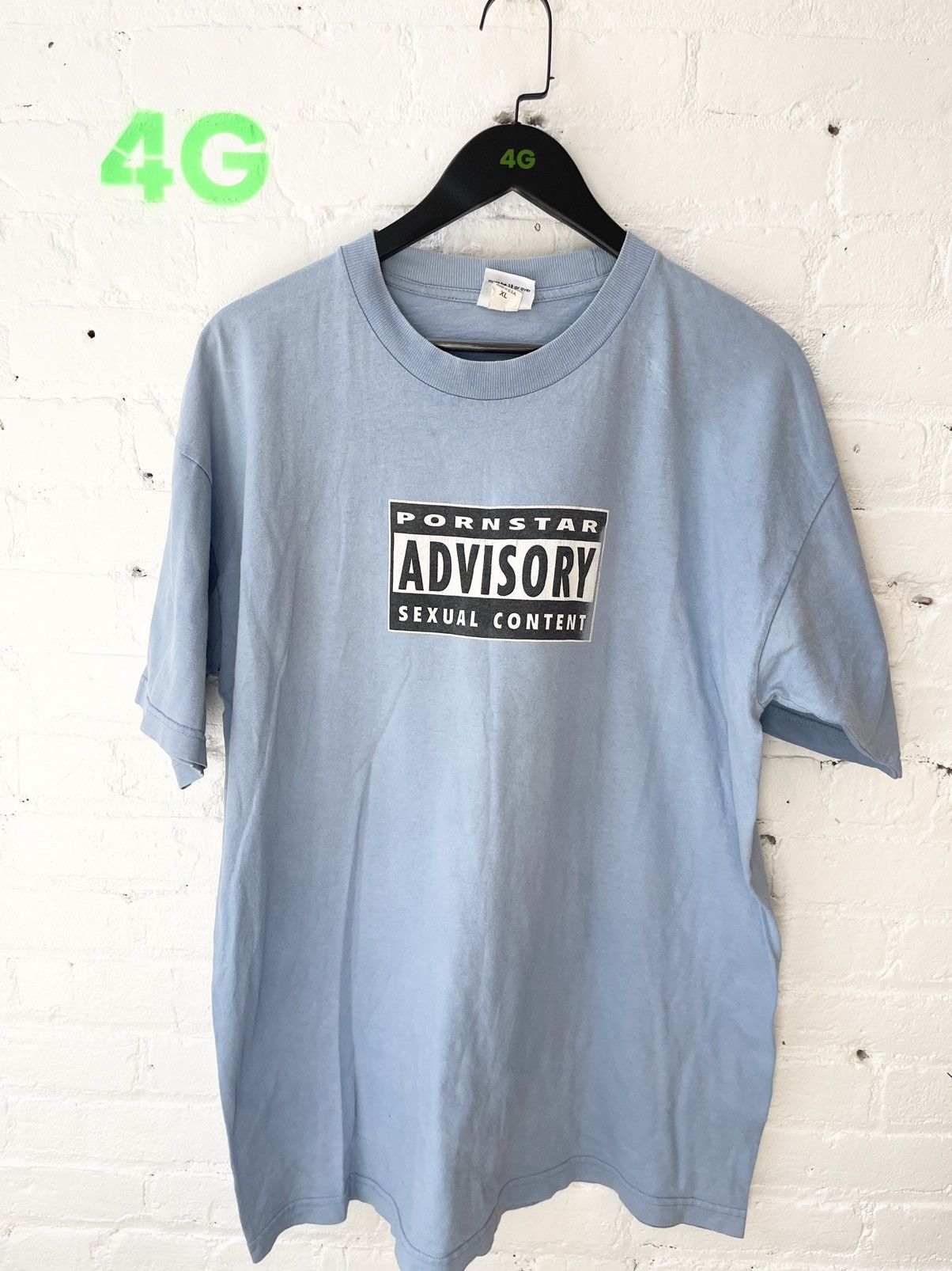 image of Vintage Pornstar Advisory Porn Star Shirt Fuck in Baby Blue, Men's (Size XL)