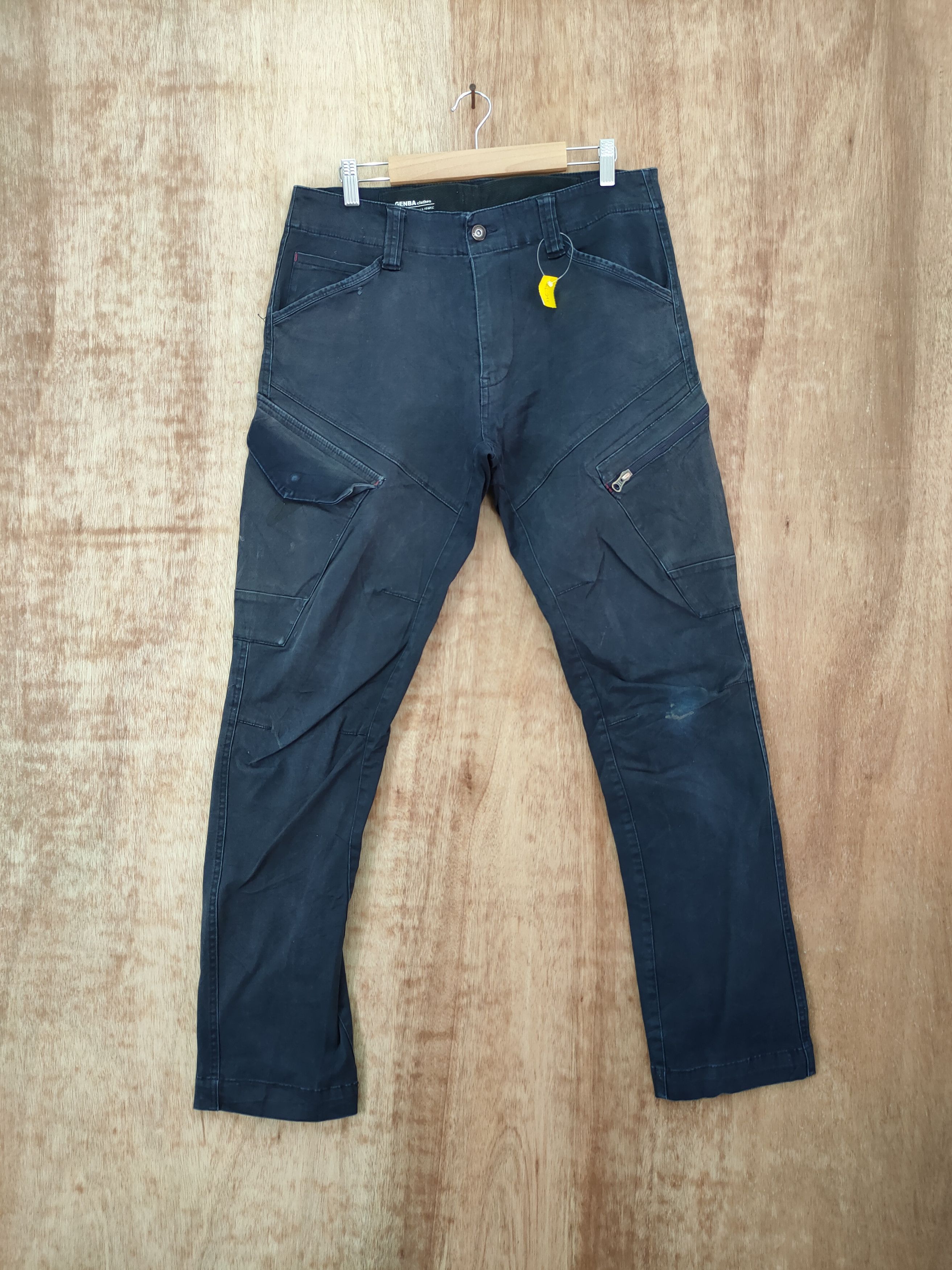 image of Genba Japan Utility Distressed Denim Cargo Pants 46-295A in Black, Men's (Size 32)