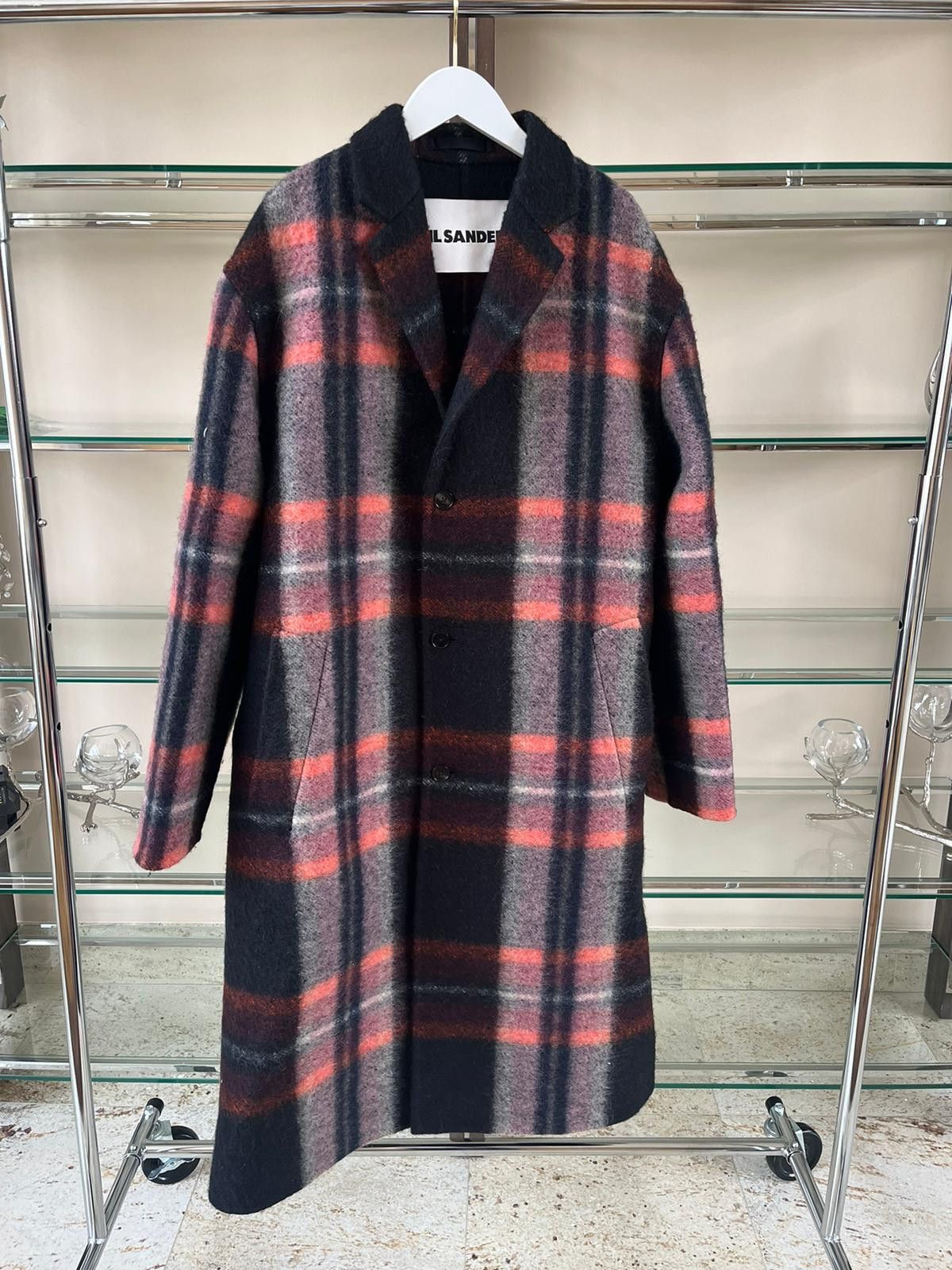 image of Jil Sander Long Tartan Wool Coat In Tartan / Multicolor, Men's (Size Medium)