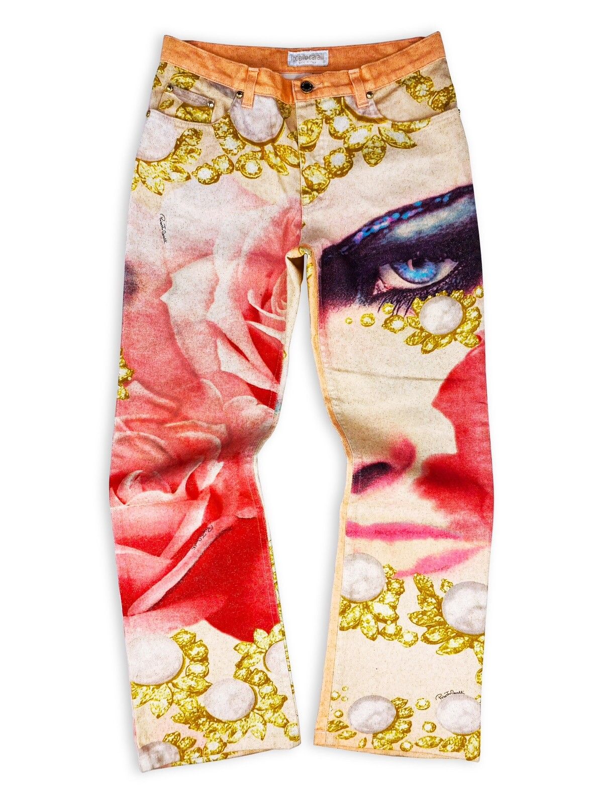 Pre-owned Roberto Cavalli Ss01  ‘face' Full Print Flared Denim Jeans In Multicolor