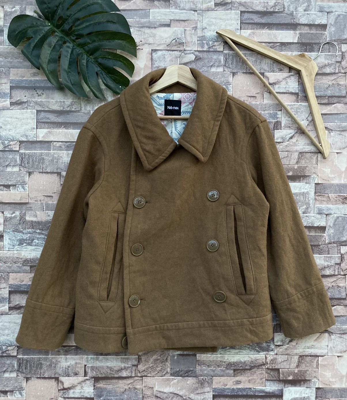 image of Né-Net By Issey Miyake Wool Double Breasted Peacot Jacket in Brown, Women's (Size 2XS)