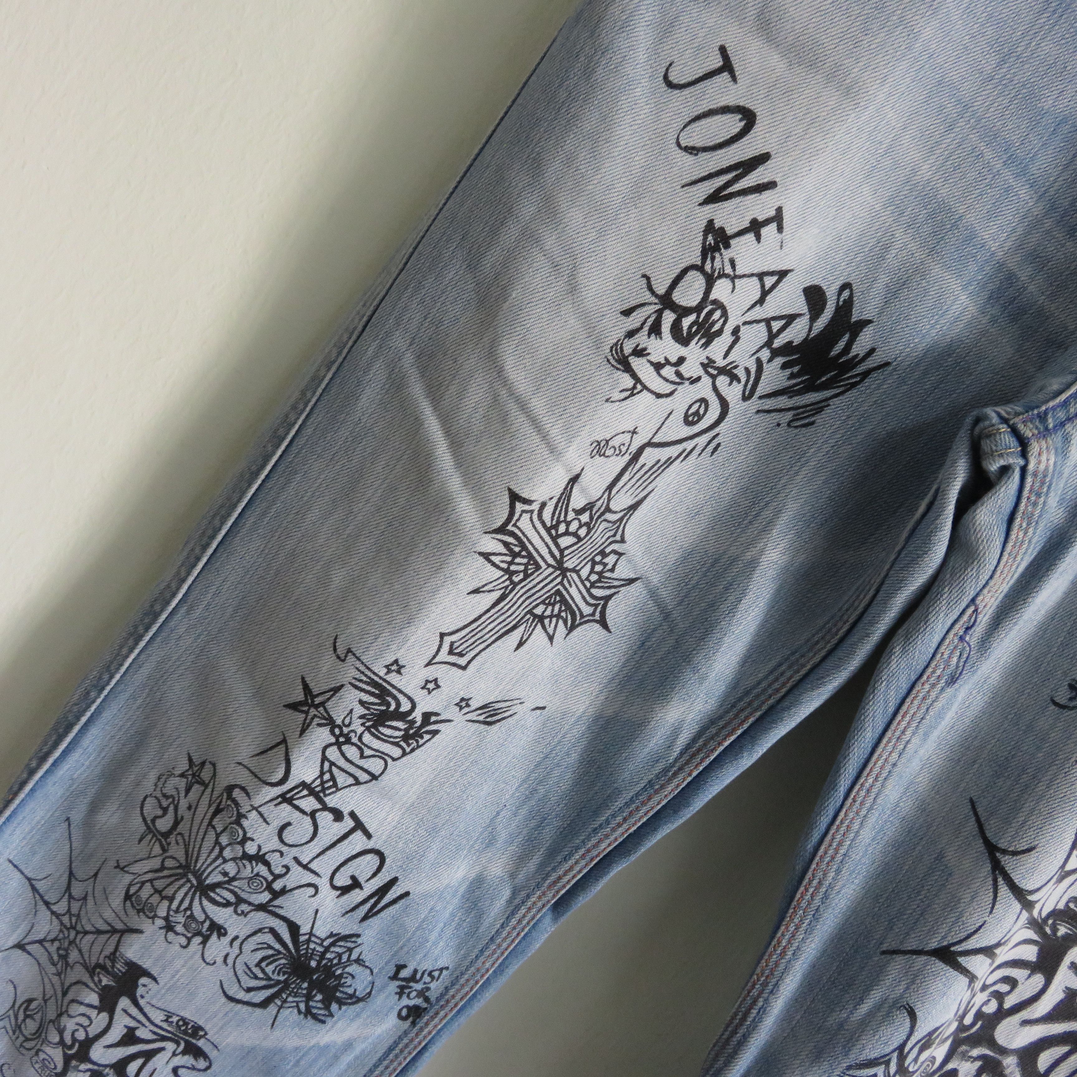 Japanese Brand Fire Sick Dope Punk Custom Printed Art Wash Denim Jeans Size US 32 / EU 48 - 5 Thumbnail