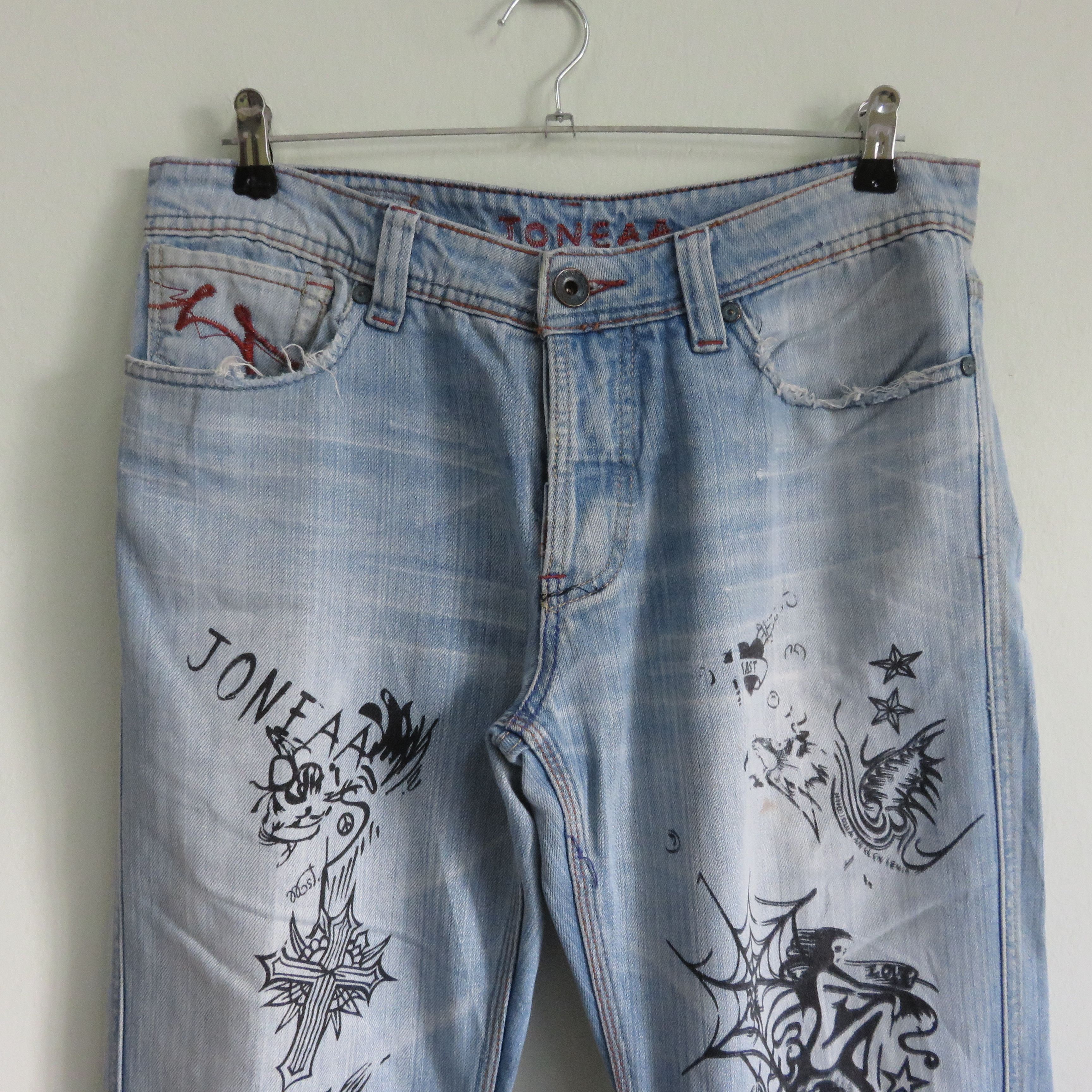 Japanese Brand Fire Sick Dope Punk Custom Printed Art Wash Denim Jeans Size US 32 / EU 48 - 2 Thumbnail