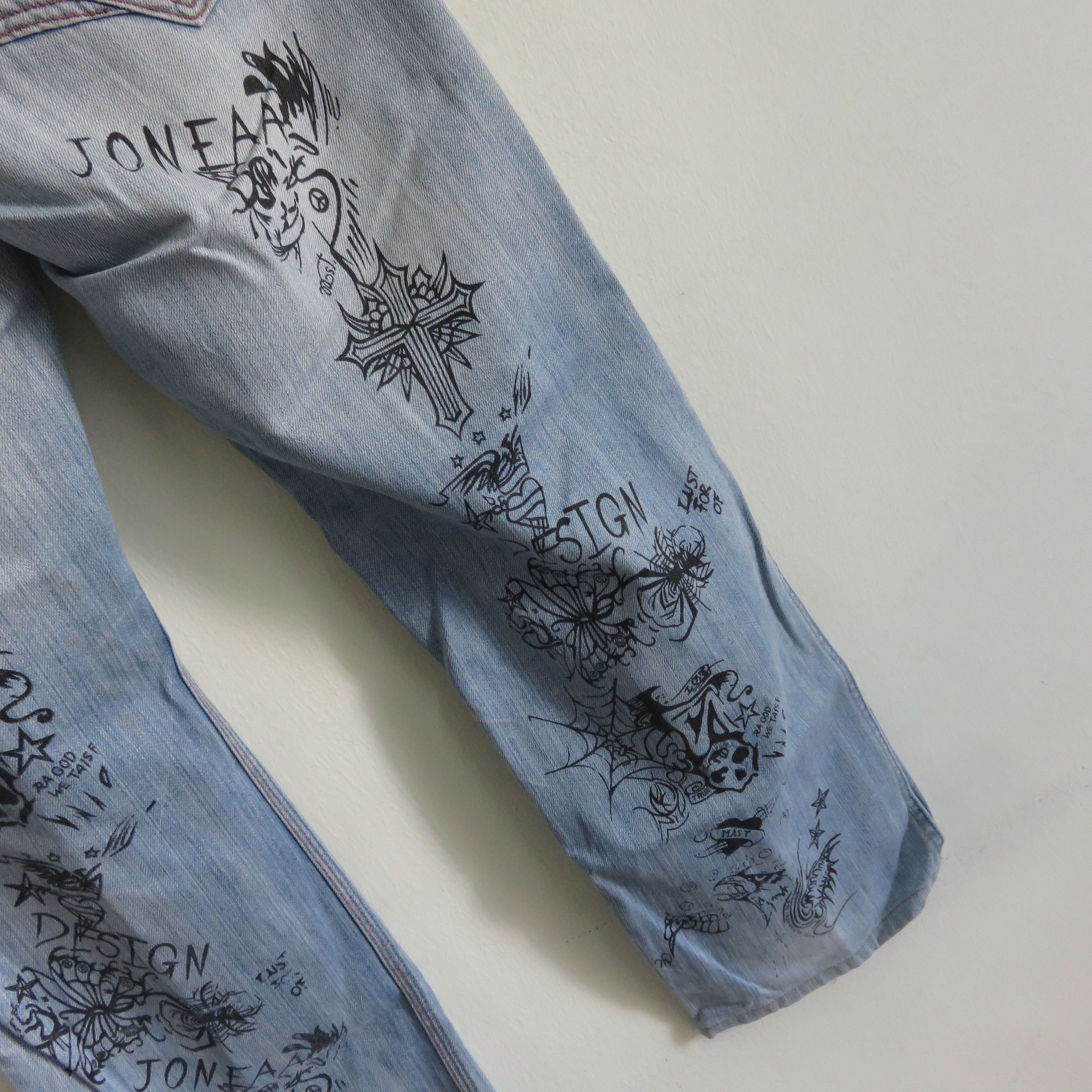 Japanese Brand Fire Sick Dope Punk Custom Printed Art Wash Denim Jeans Size US 32 / EU 48 - 11 Thumbnail