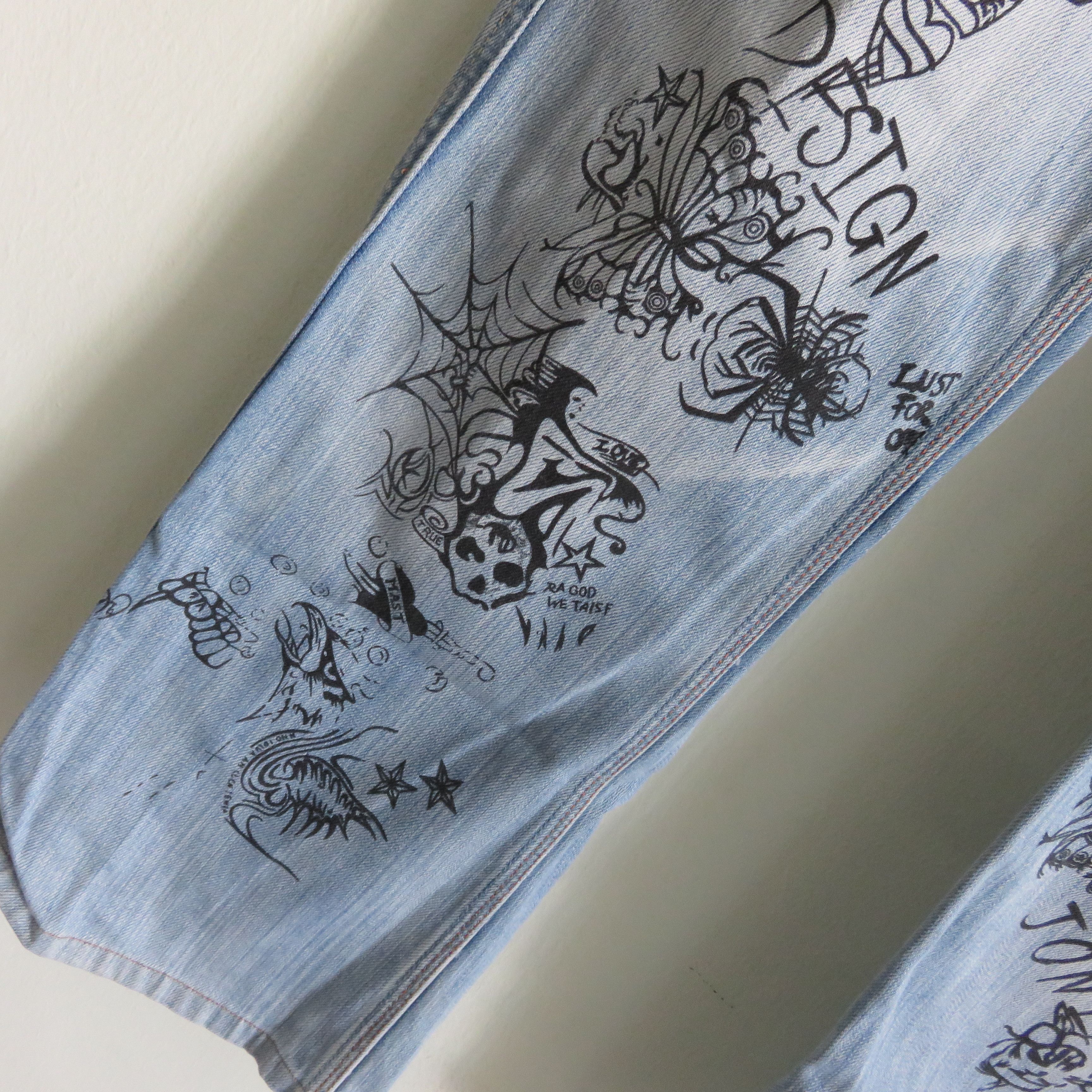Japanese Brand Fire Sick Dope Punk Custom Printed Art Wash Denim Jeans Size US 32 / EU 48 - 6 Thumbnail