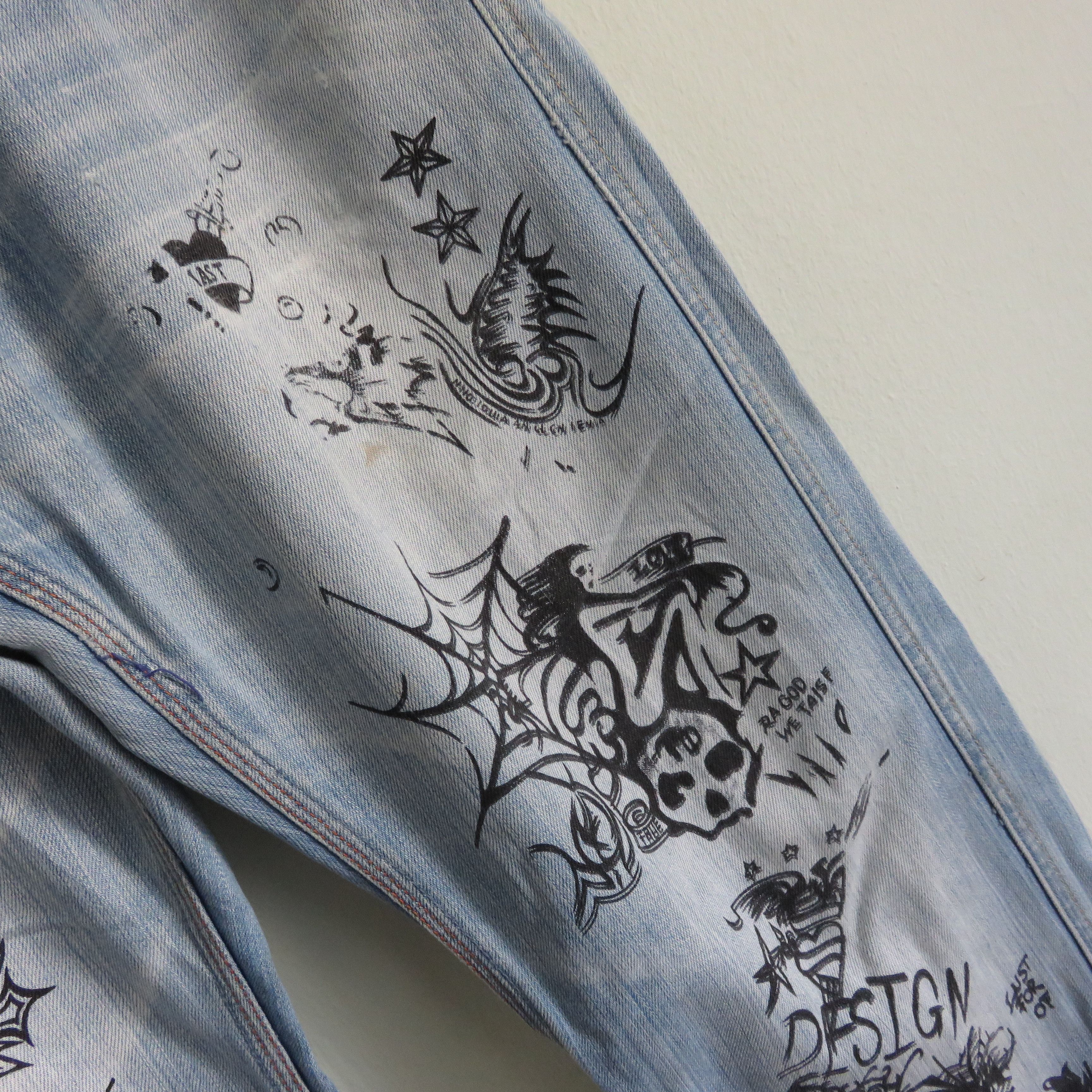 Japanese Brand Fire Sick Dope Punk Custom Printed Art Wash Denim Jeans Size US 32 / EU 48 - 3 Thumbnail
