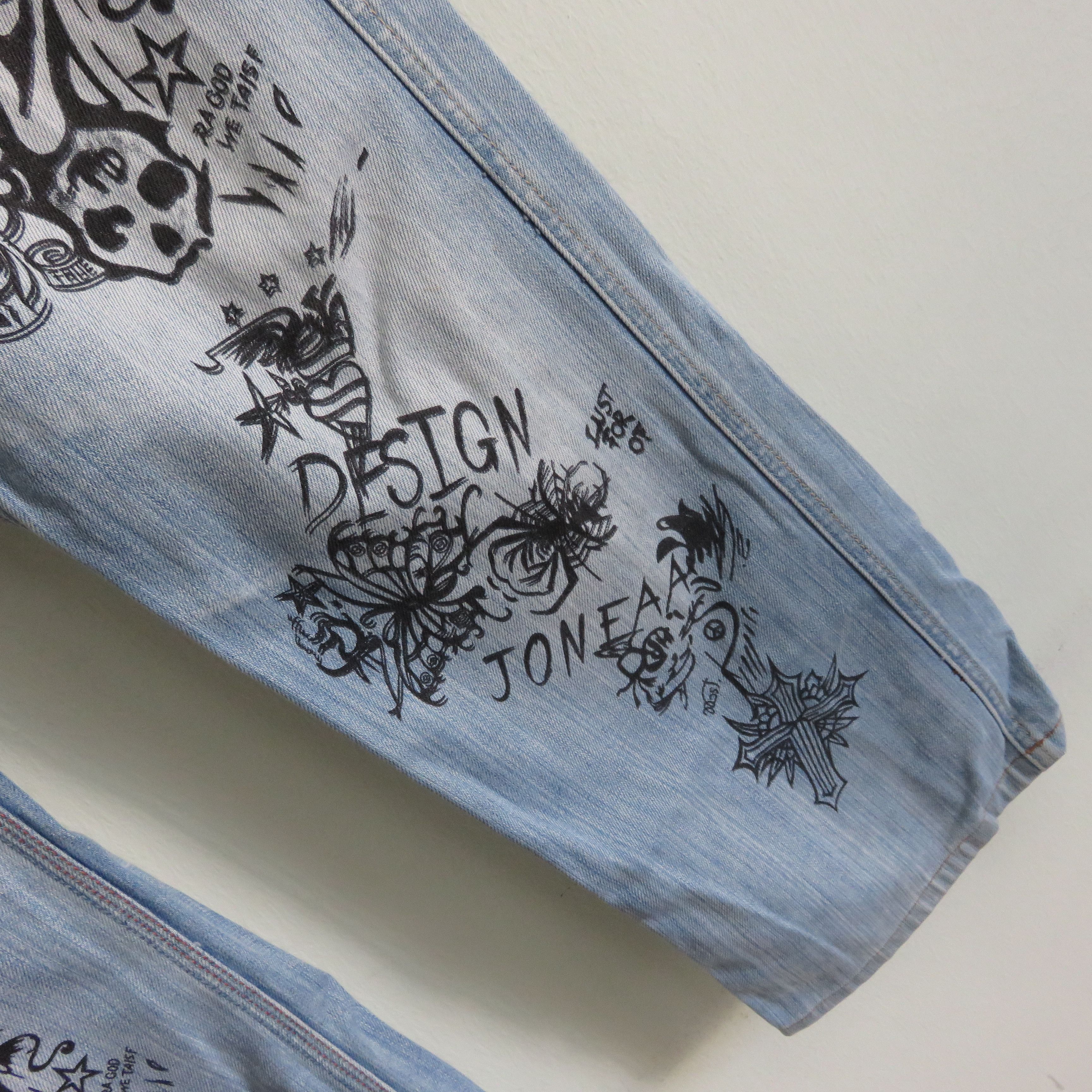 Japanese Brand Fire Sick Dope Punk Custom Printed Art Wash Denim Jeans Size US 32 / EU 48 - 4 Thumbnail