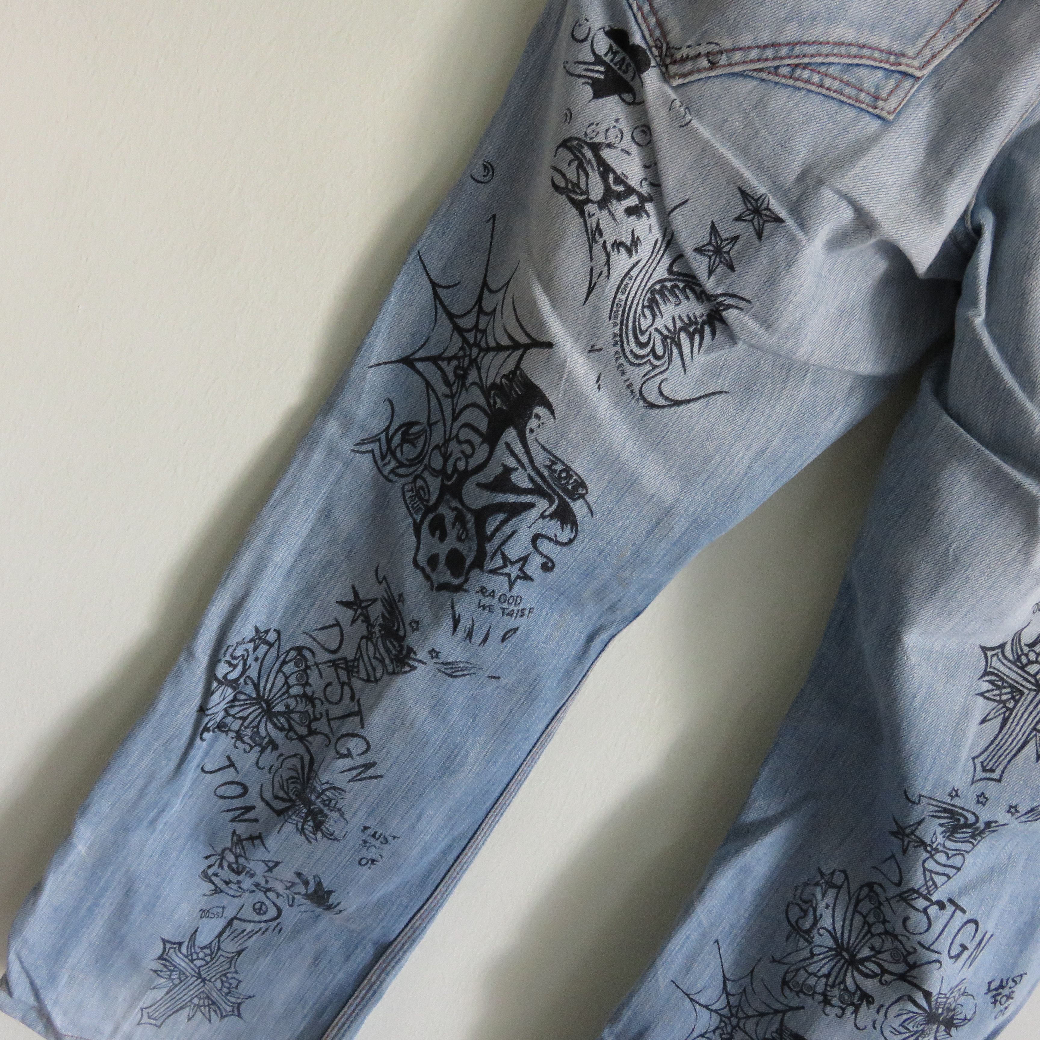 Japanese Brand Fire Sick Dope Punk Custom Printed Art Wash Denim Jeans Size US 32 / EU 48 - 10 Thumbnail