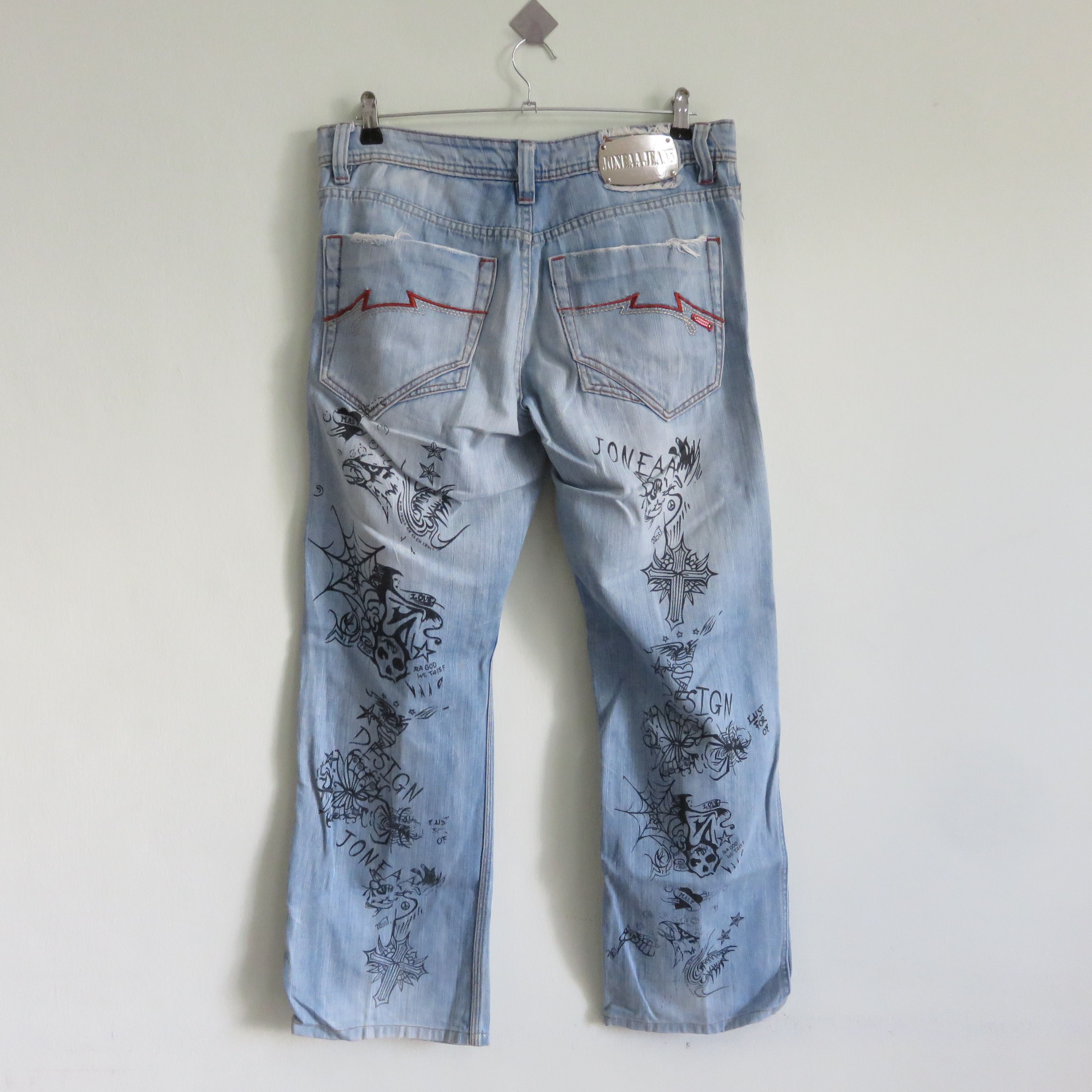 Japanese Brand Fire Sick Dope Punk Custom Printed Art Wash Denim Jeans Size US 32 / EU 48 - 12 Thumbnail