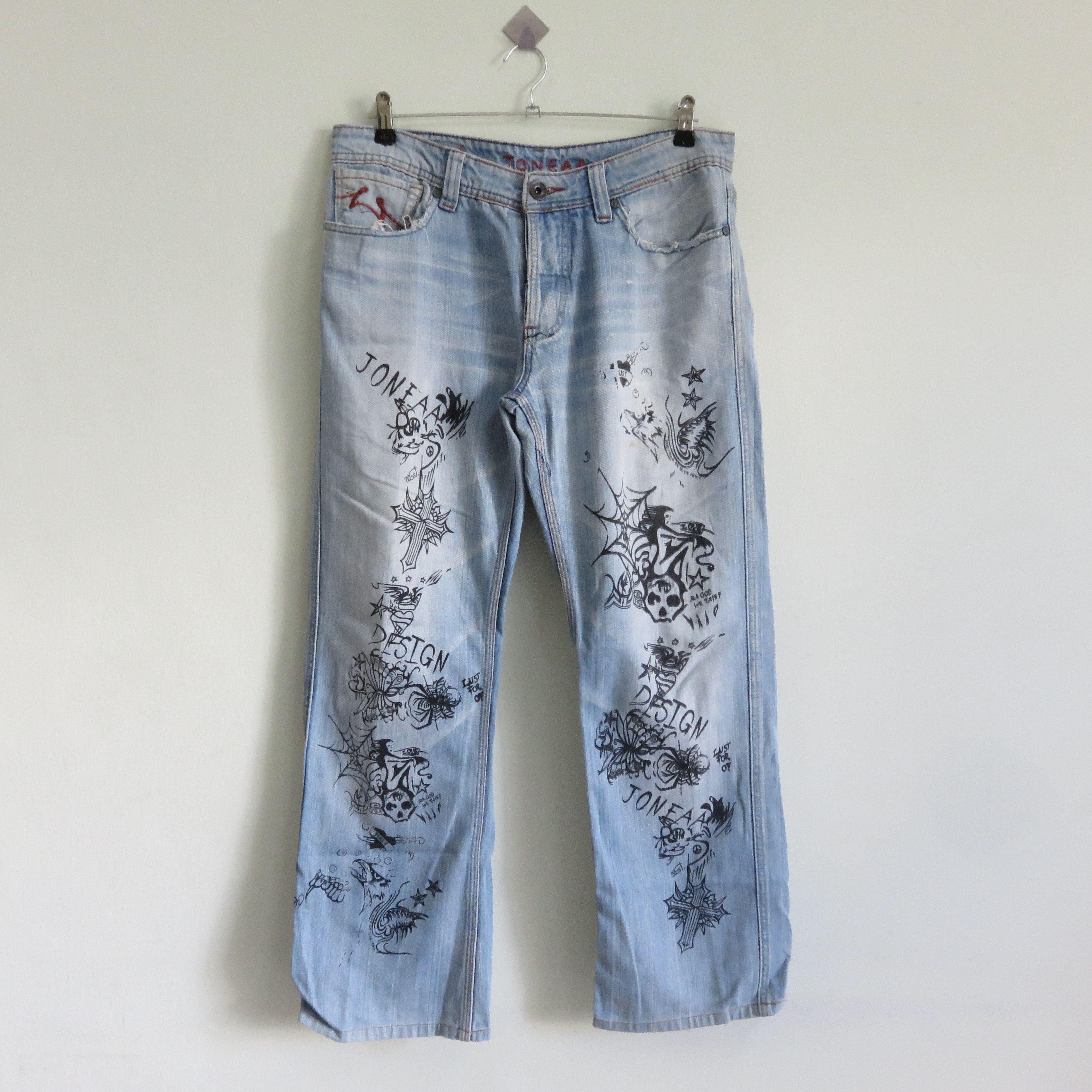 Japanese Brand Fire Sick Dope Punk Custom Printed Art Wash Denim Jeans Size US 32 / EU 48 - 1 Thumbnail