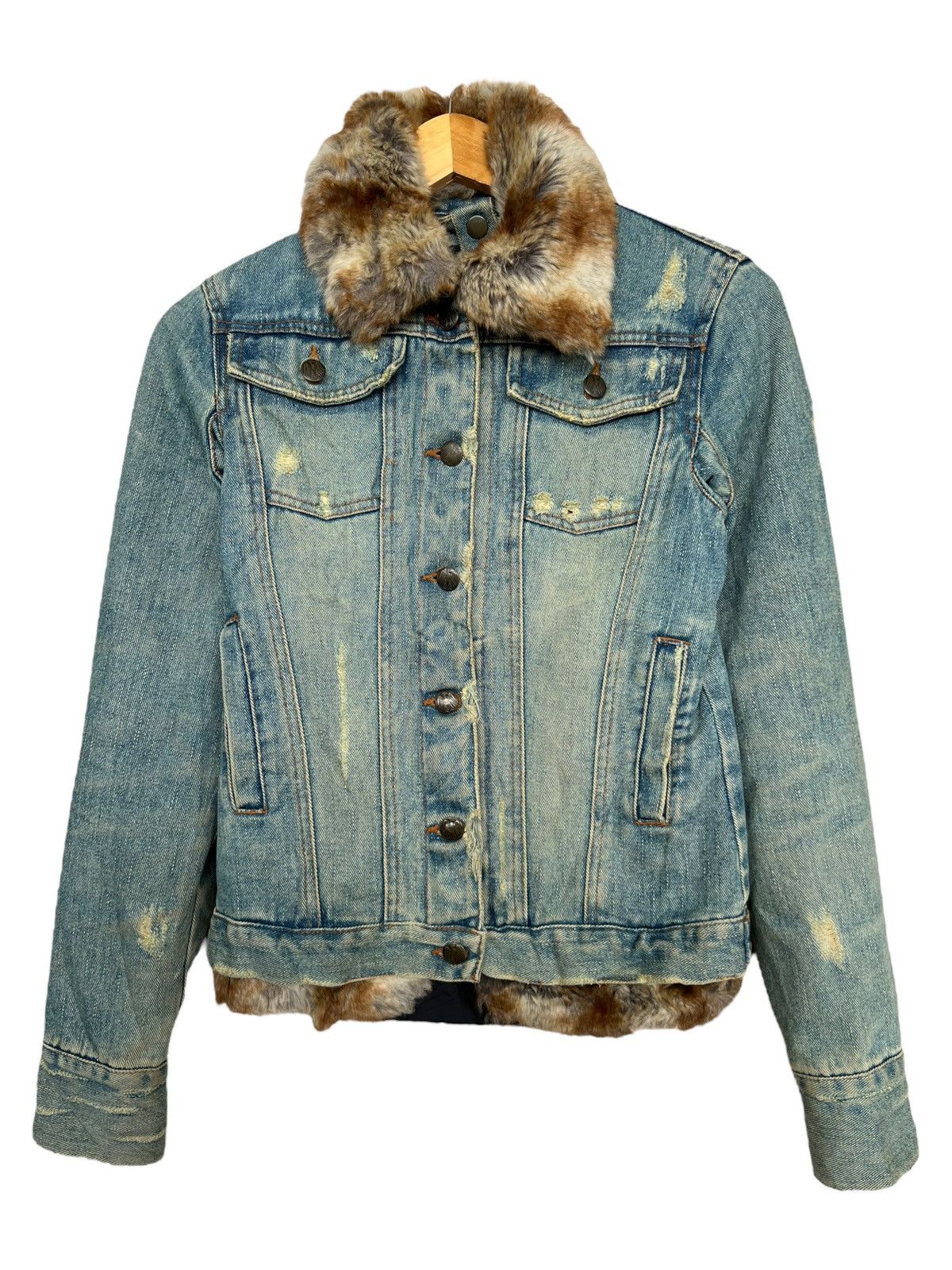 image of Beauty Beast x Distressed Denim Fur Denim Jacket Distressed Denim Jacket S in Faded Blue, Women's (