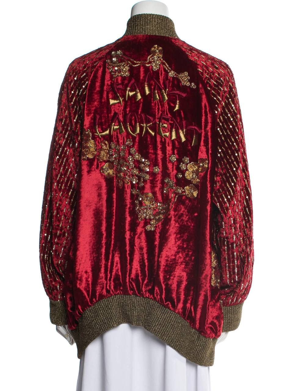 image of Saint Laurent Paris Grail! Saint Laurent Fw19 Oversized Beaded Velvet Red Bomber in Burgandy (Size 