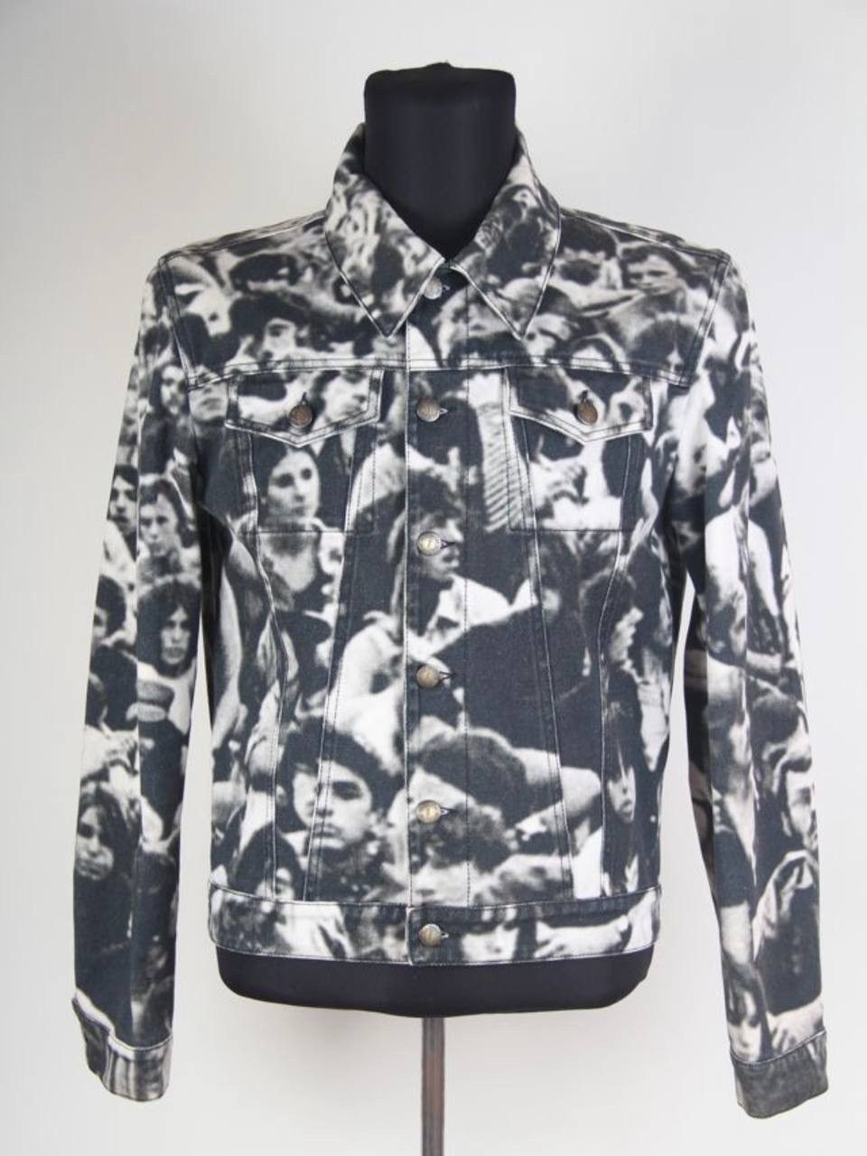 image of Saint Laurent Paris x YVES Saint Laurent S/s 2006 Woodstock Faces Print Chore Denim Jacket in Black