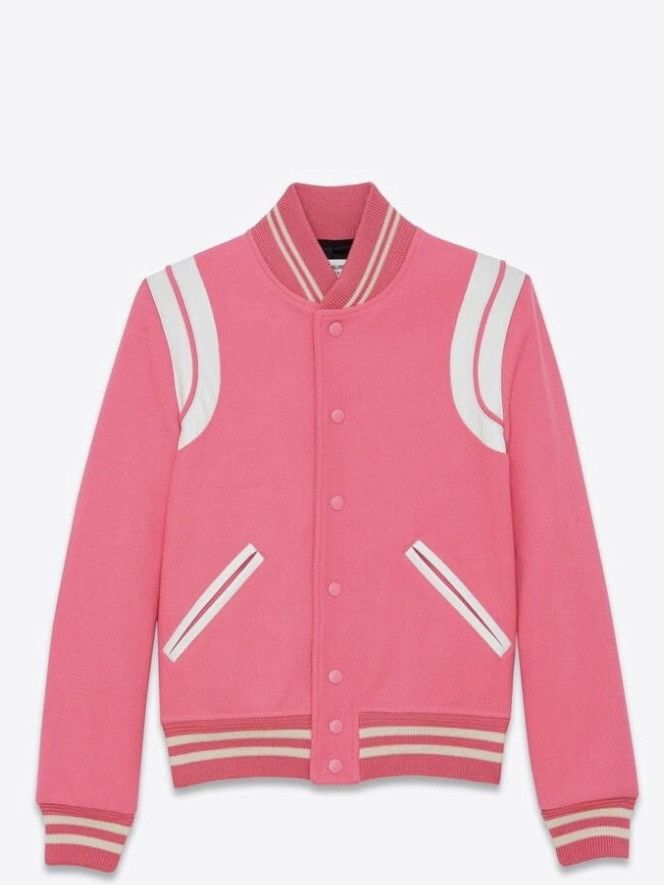 image of Saint Laurent Paris Grail! Saint Laurent Pink Teddy Wool Leather Bomber Jacket, Men's (Size Small)